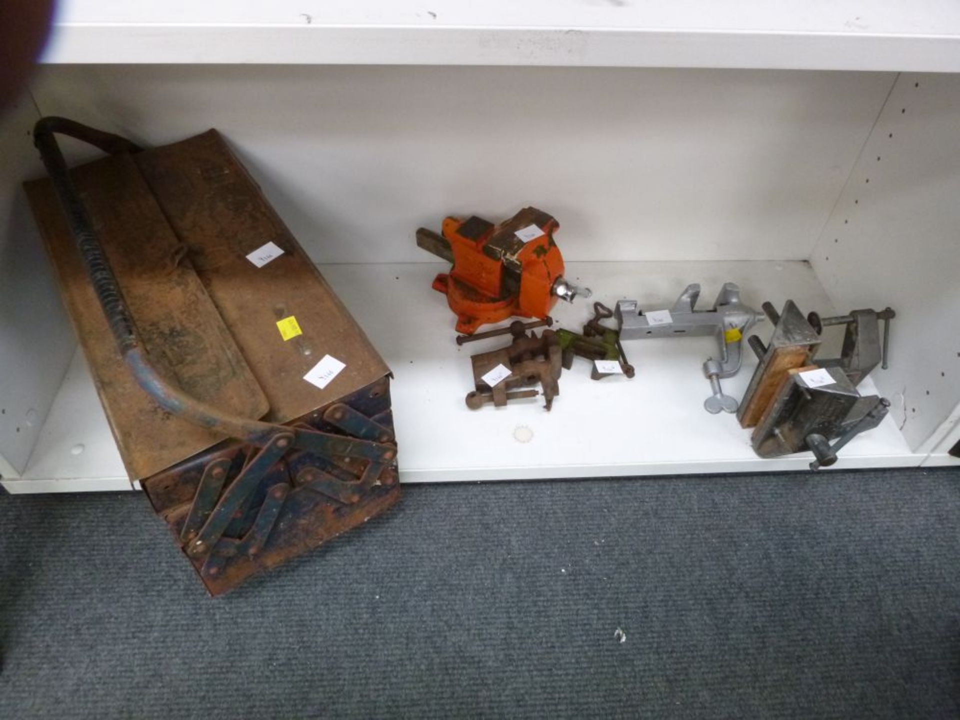 Five Vintage Bench Vices (5) together with a metal Cantilever Toolbox and contents (est. £50-£80)