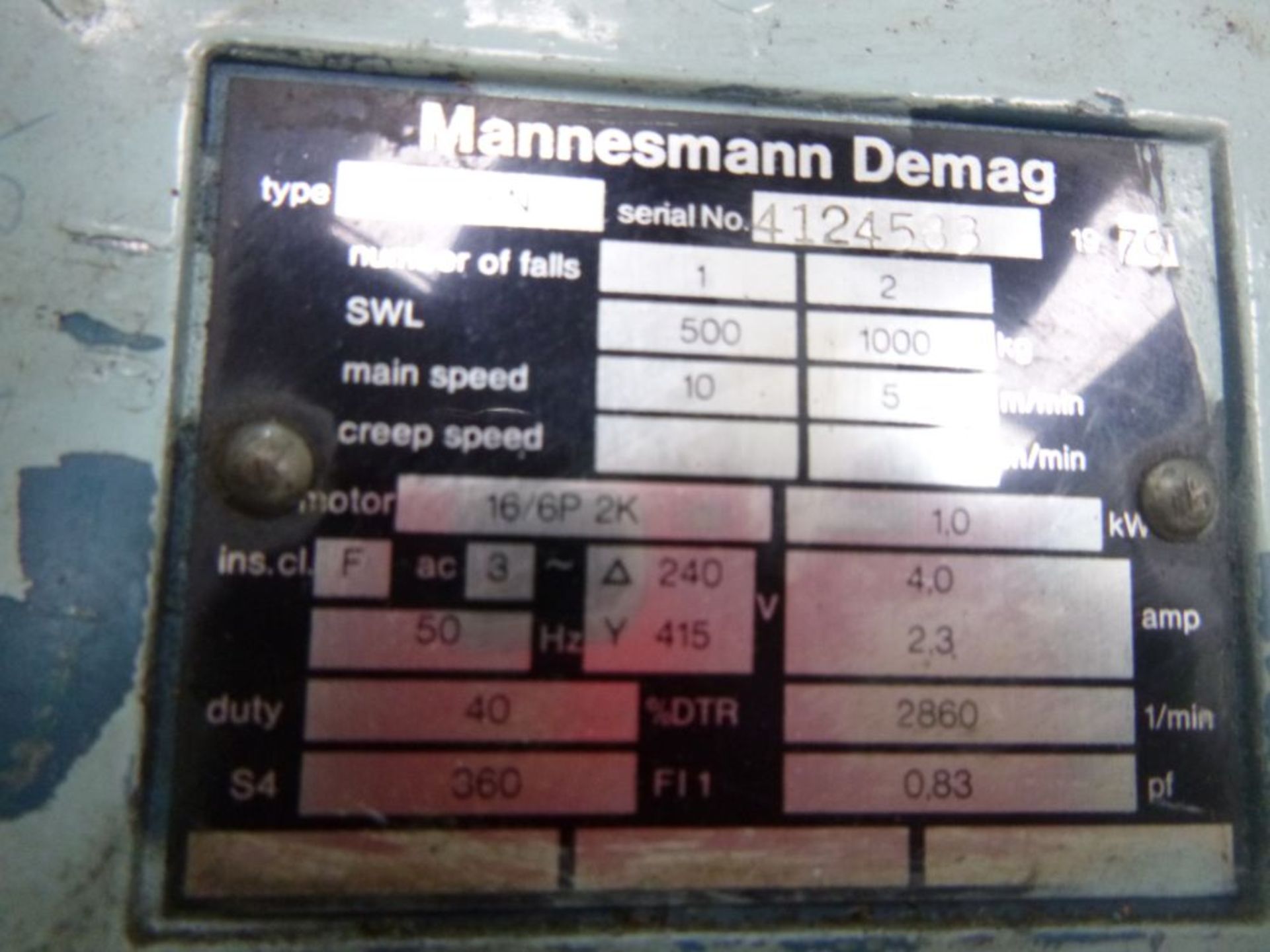 * A Demag Electric Hoist, SWL 1000kg. Please note there is a £10 +VAT lift out fee on this lot. - Image 2 of 2