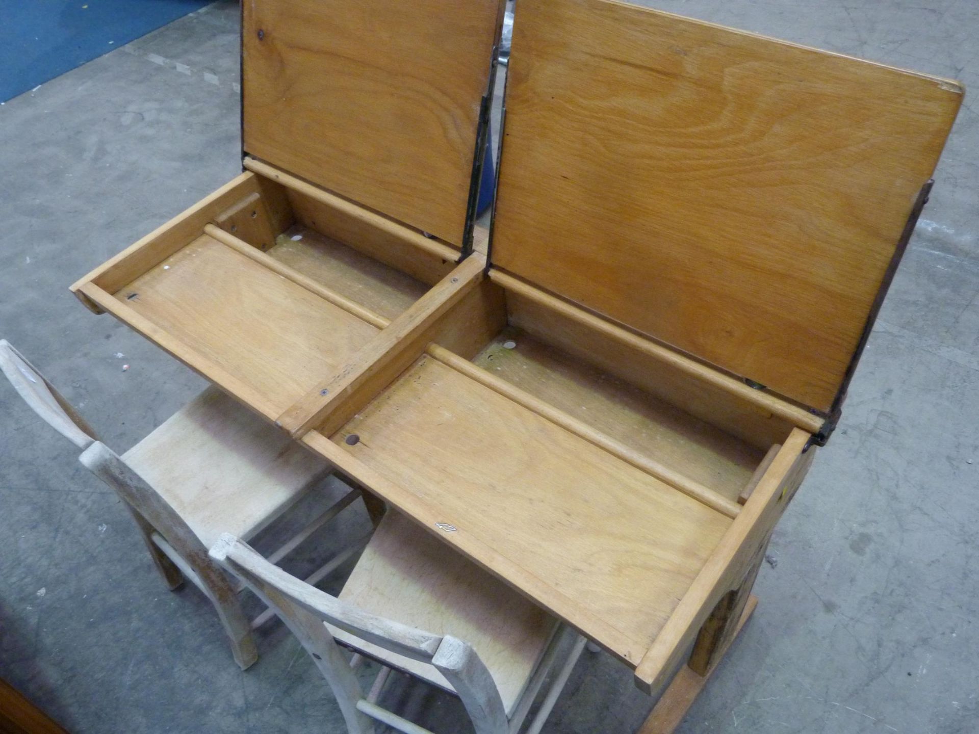 A Childs Beech Twin School Desk with opening tops ( with extra Marble!) with Chairs. ( Desk - H60cm, - Image 2 of 3