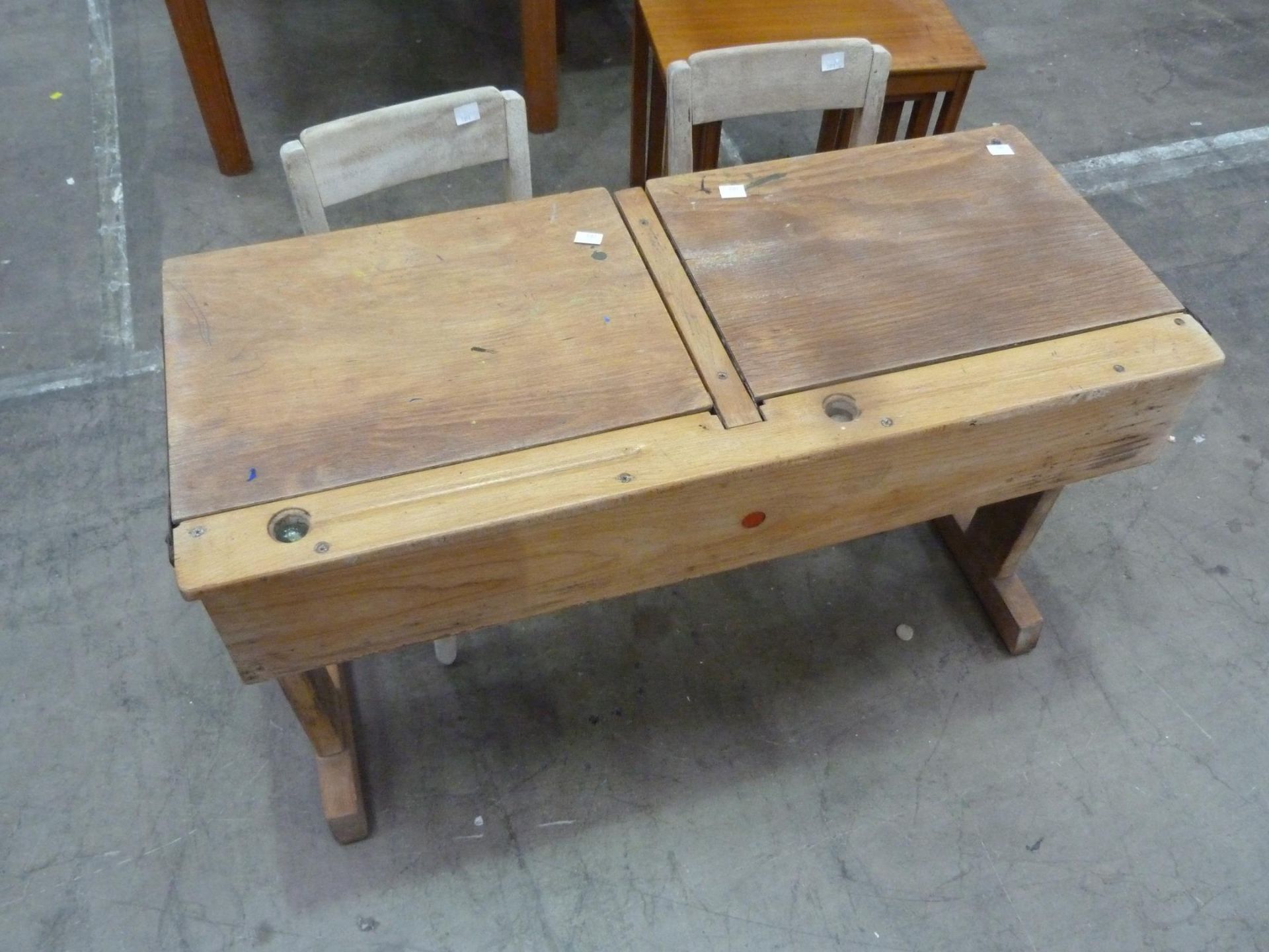 A Childs Beech Twin School Desk with opening tops ( with extra Marble!) with Chairs. ( Desk - H60cm,