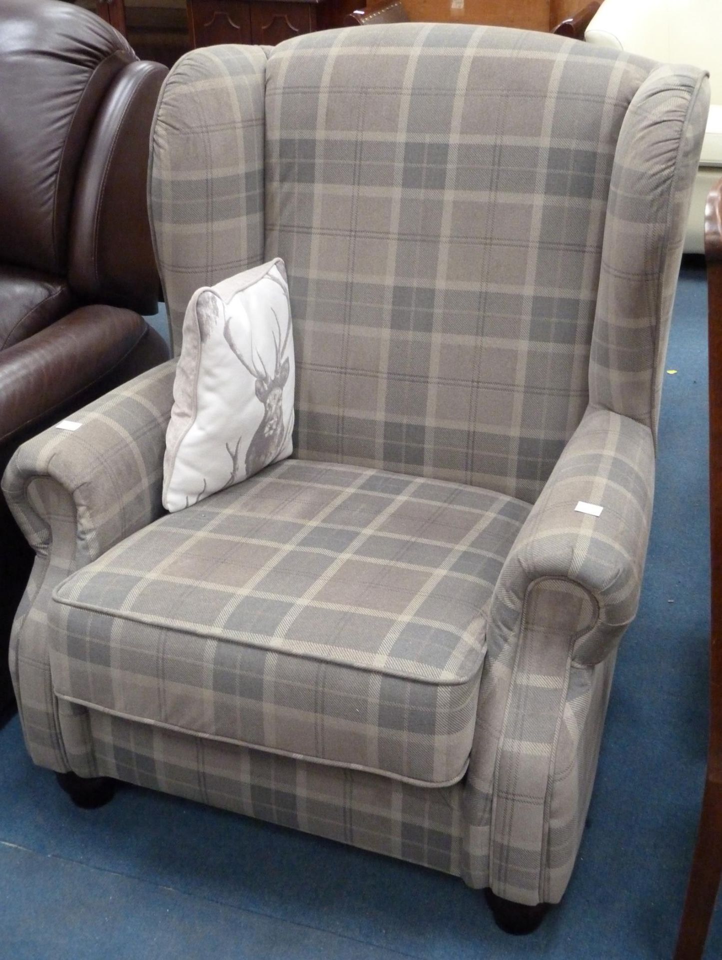 A grey plaid Grandfather Armchair with Deer designed Cushion (est. £40-£60)