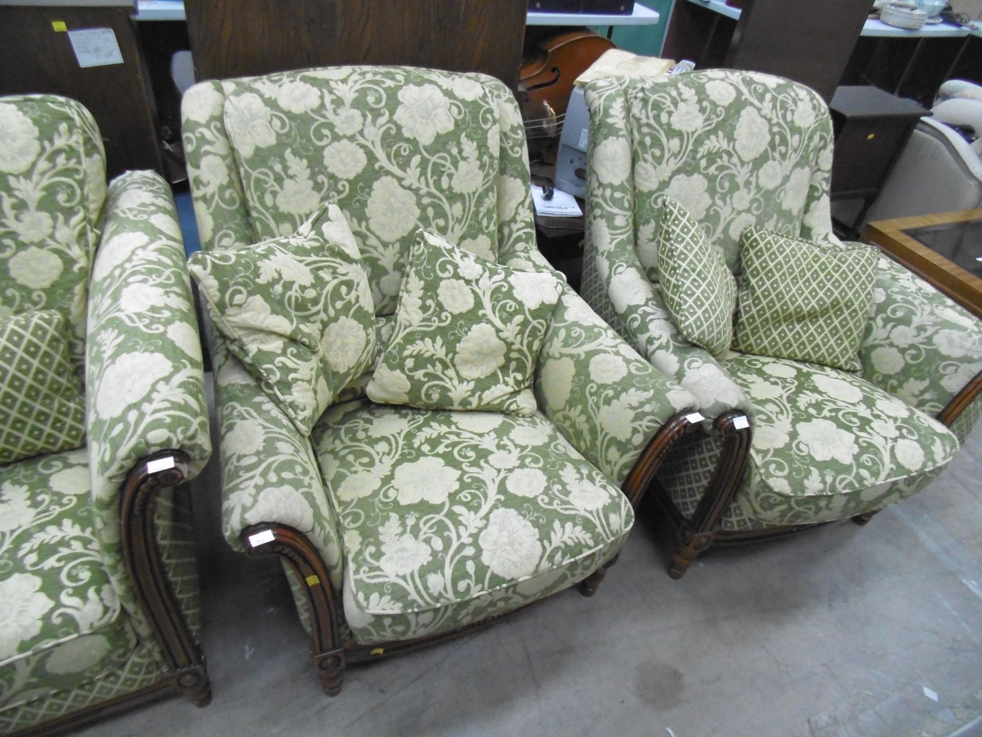 A mainly green Four Piece Suite to include three seat Settee, two single Chairs and Pouffee (4) (est - Image 2 of 2