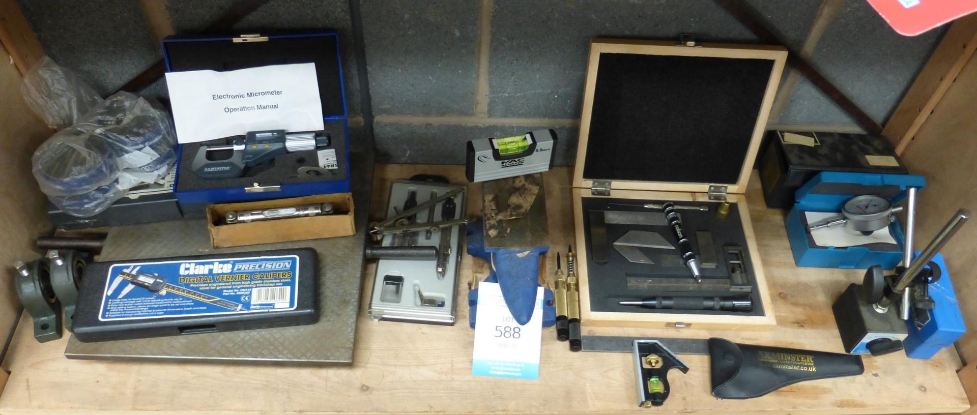 Shelf of Engineering Tools to include Combination Square Set, Micrometer, Verniers, 2 x Gauges, Mini