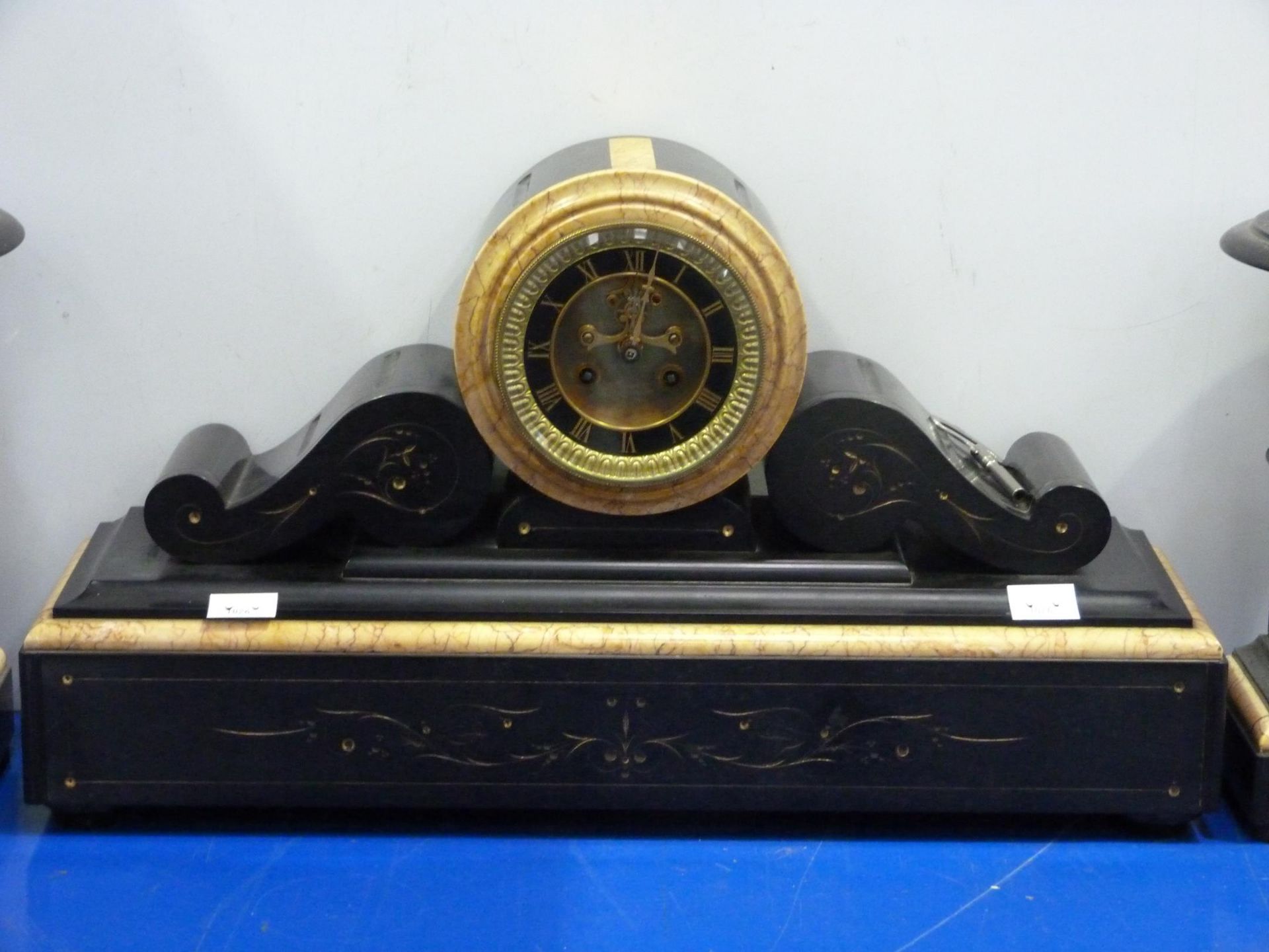 A J.Marti & CIE Three Piece Clock Garniture including a Slate & Marble Medaille De Bronze Mantle - Image 2 of 6