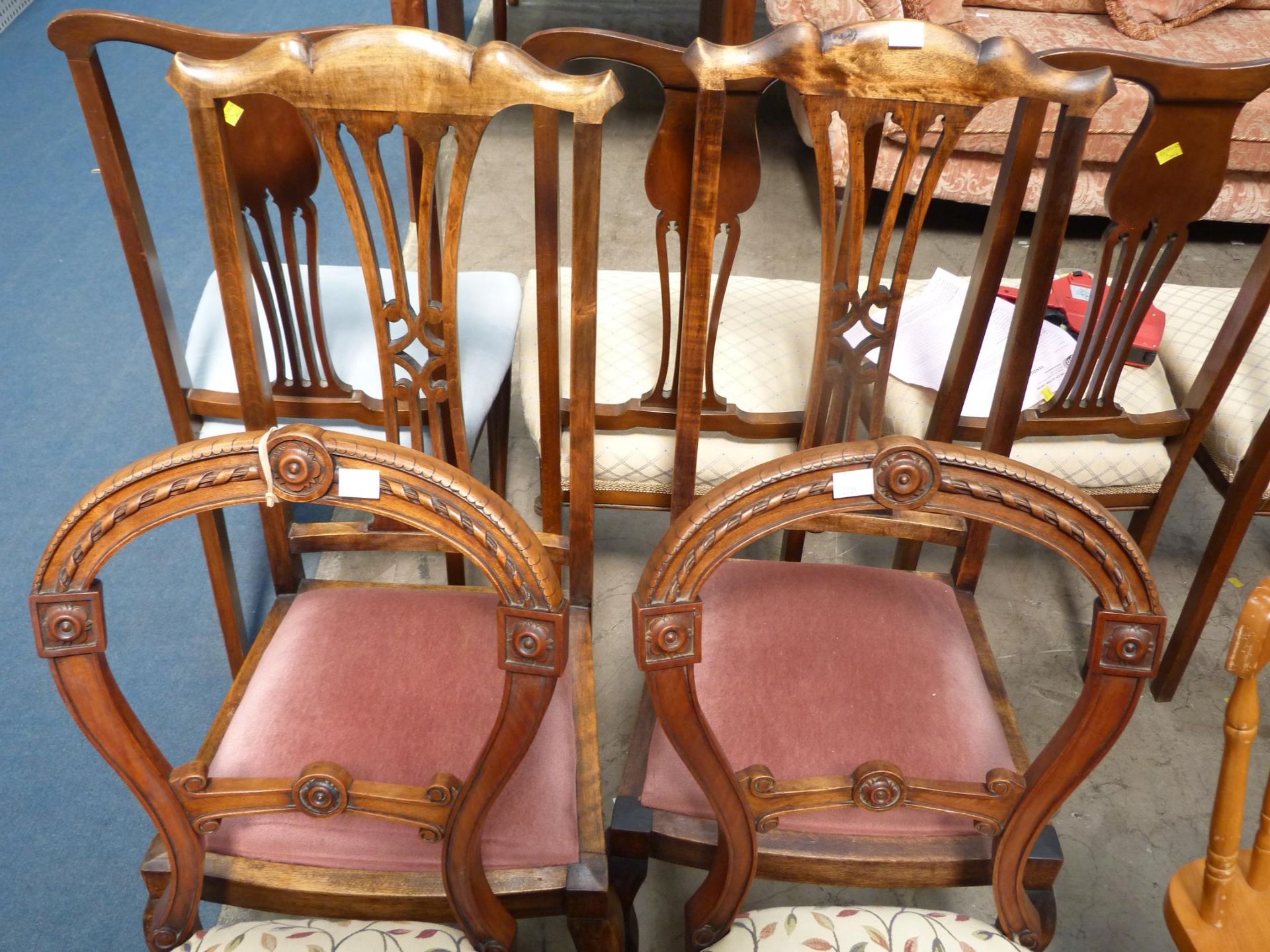 A pair of leaf upholstered Dining Chairs accompanied by a pair of single pink upholstered Chairs (4) - Image 2 of 2