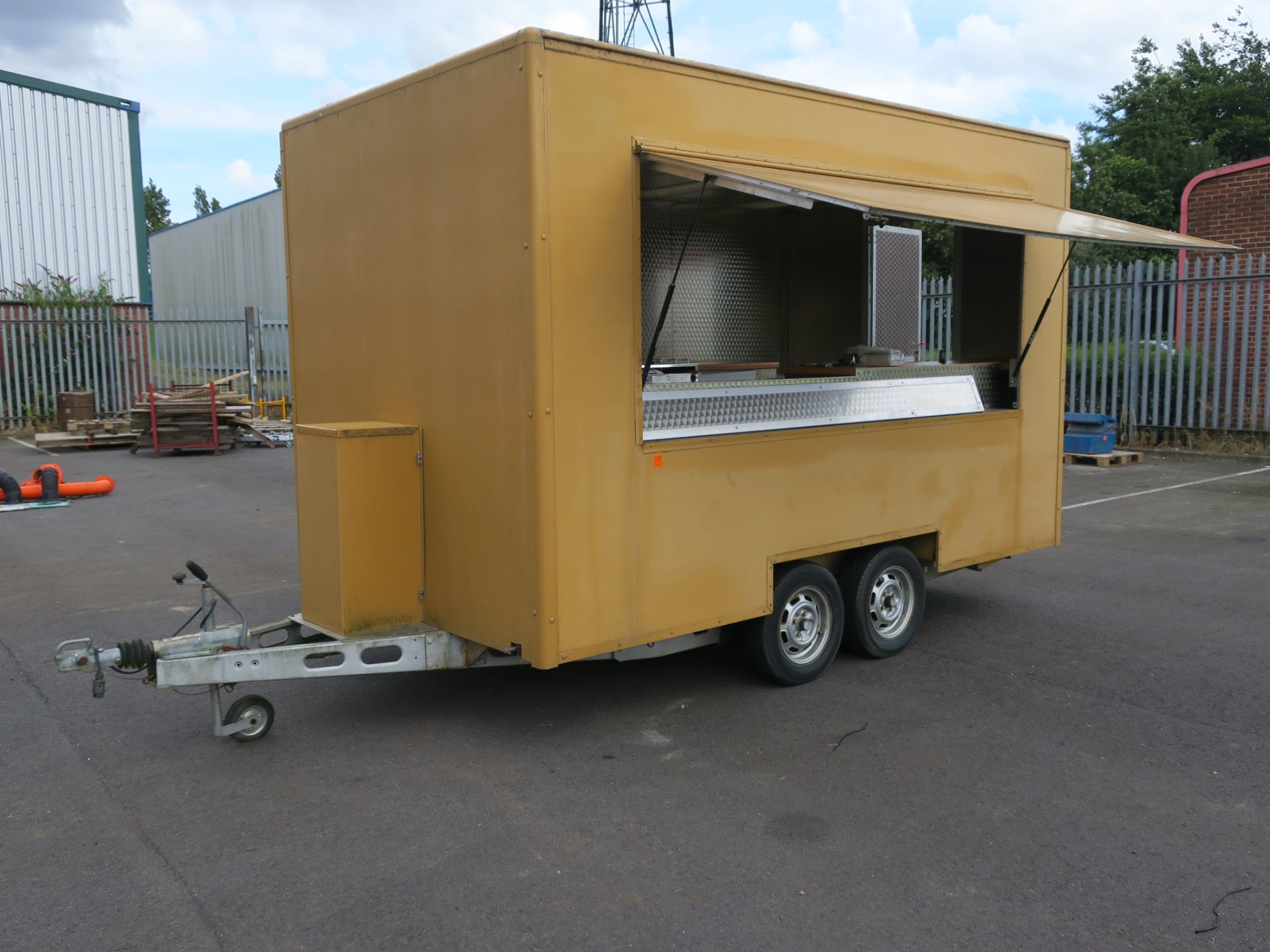 12ft Catering Trailer mounted on a twin wheeled chassis with Bradley Double Lock Tow Hitch and