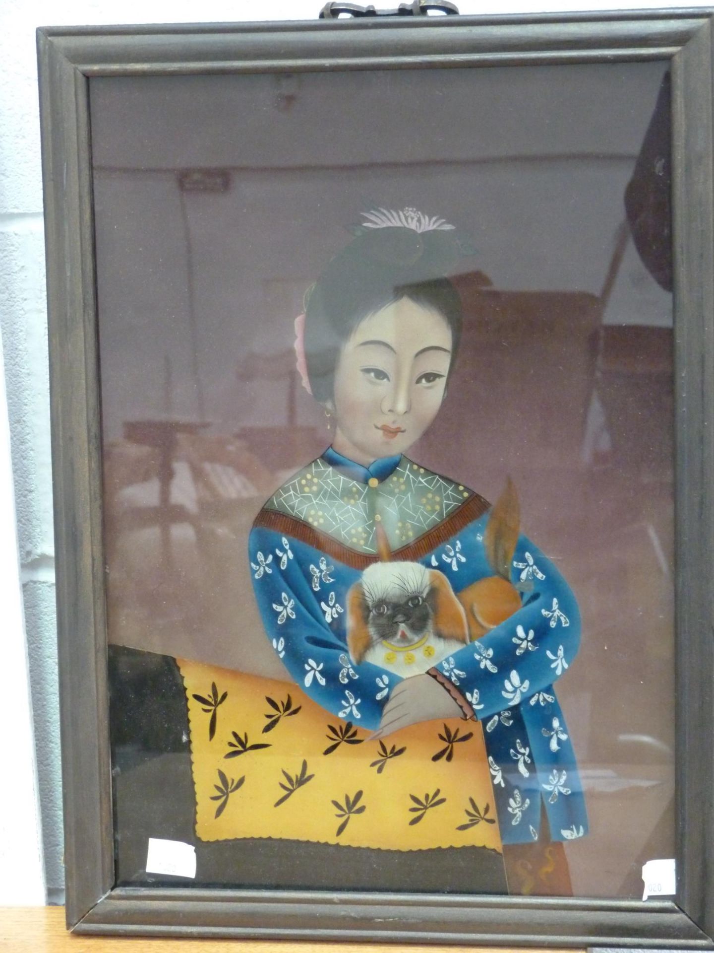 An Oriental Oil on Glass - Reverse of a lady holding a dog, framed. 48.5cm x 34cm - Bild 4 aus 5