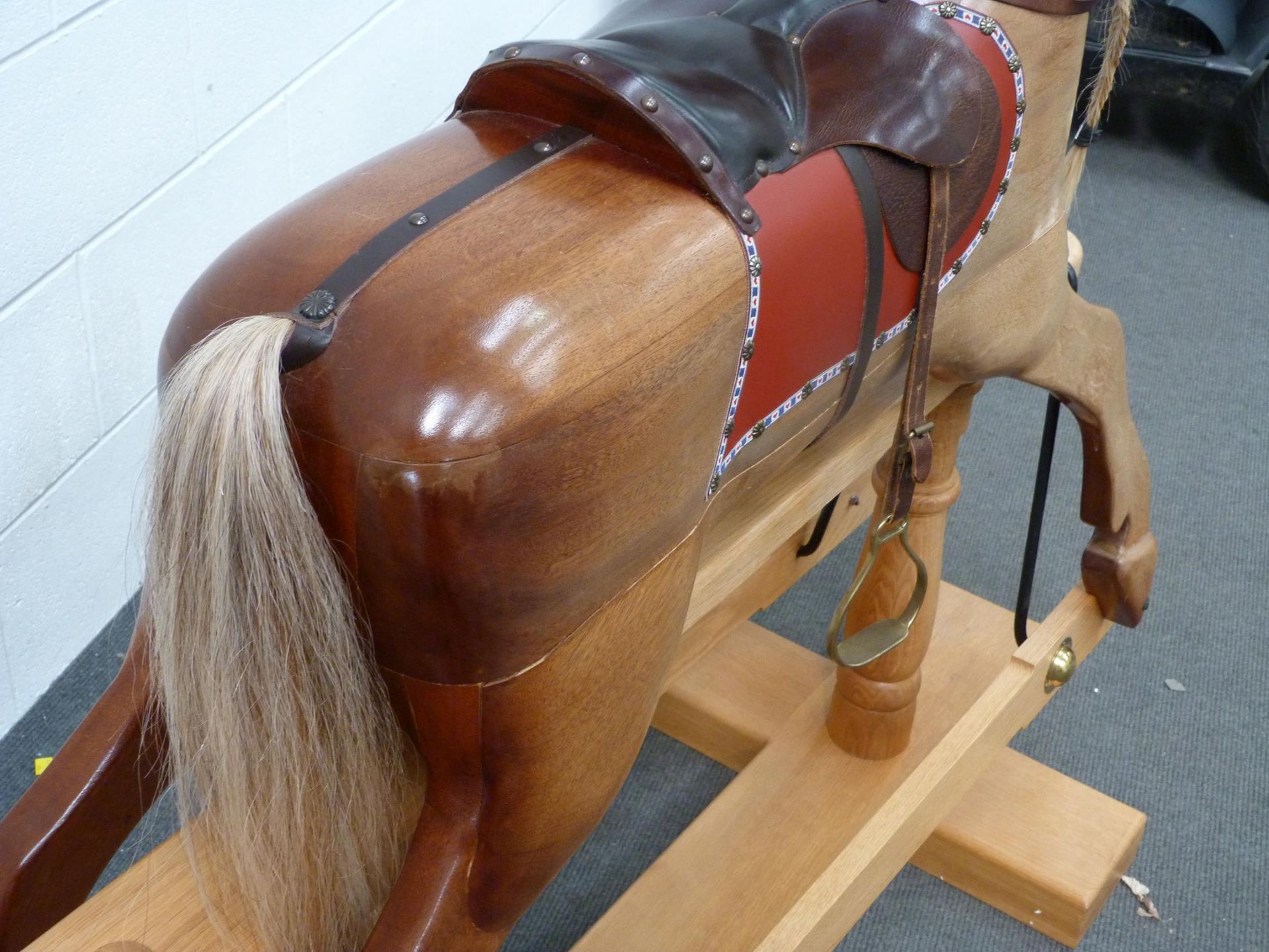 A Large Wooden Rocking horse with horse hair mane and tail with leather saddle, halter and brass - Image 5 of 5