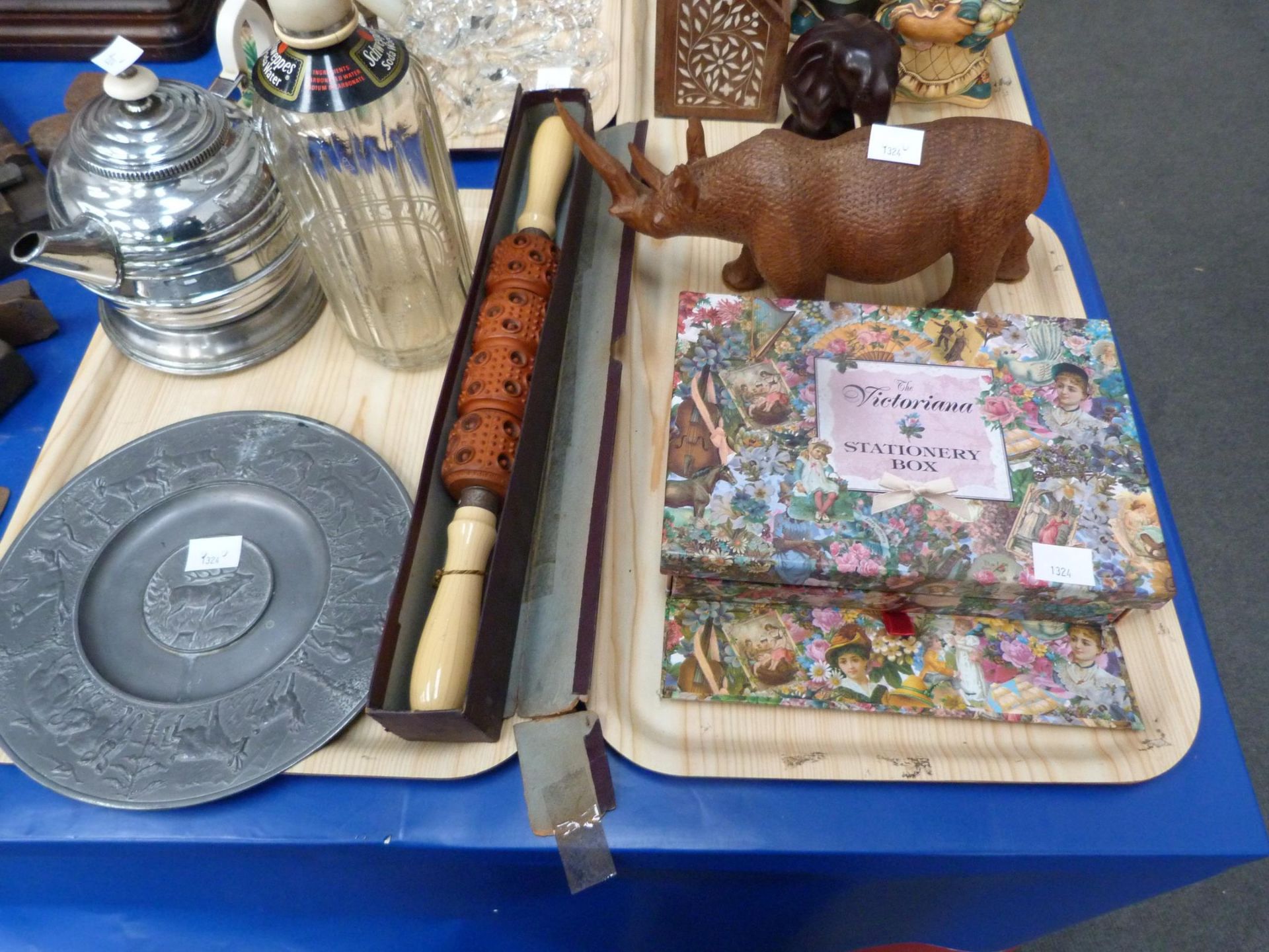 Four trays of Collectables to include Pendelfin Rabbits, The Victoriana Stationery Box, A 1920's