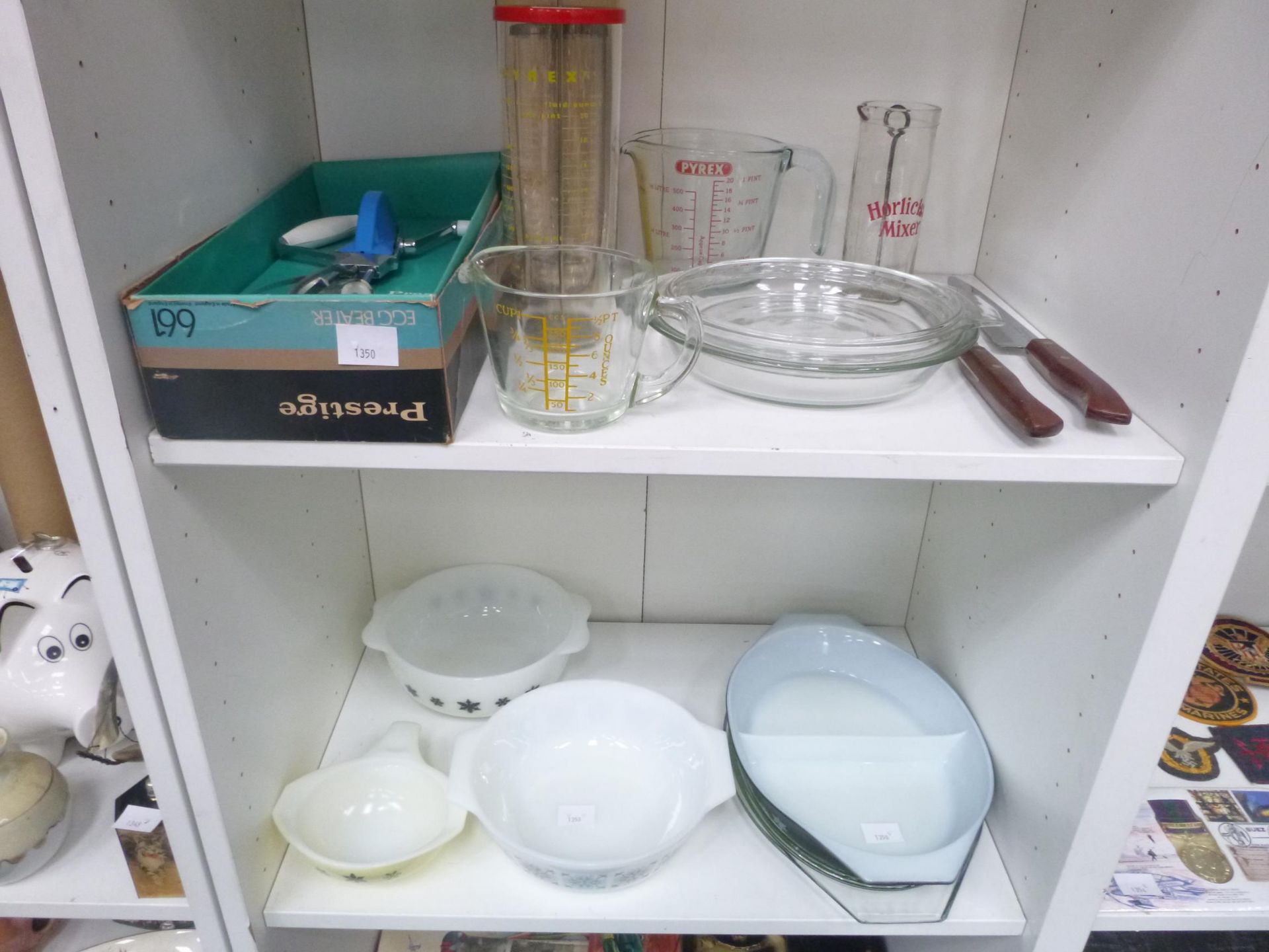 2 x Shelves to contain a selection of Vintage Pyrex, 2 Stainless Steel Knives, a Prestige Vintage