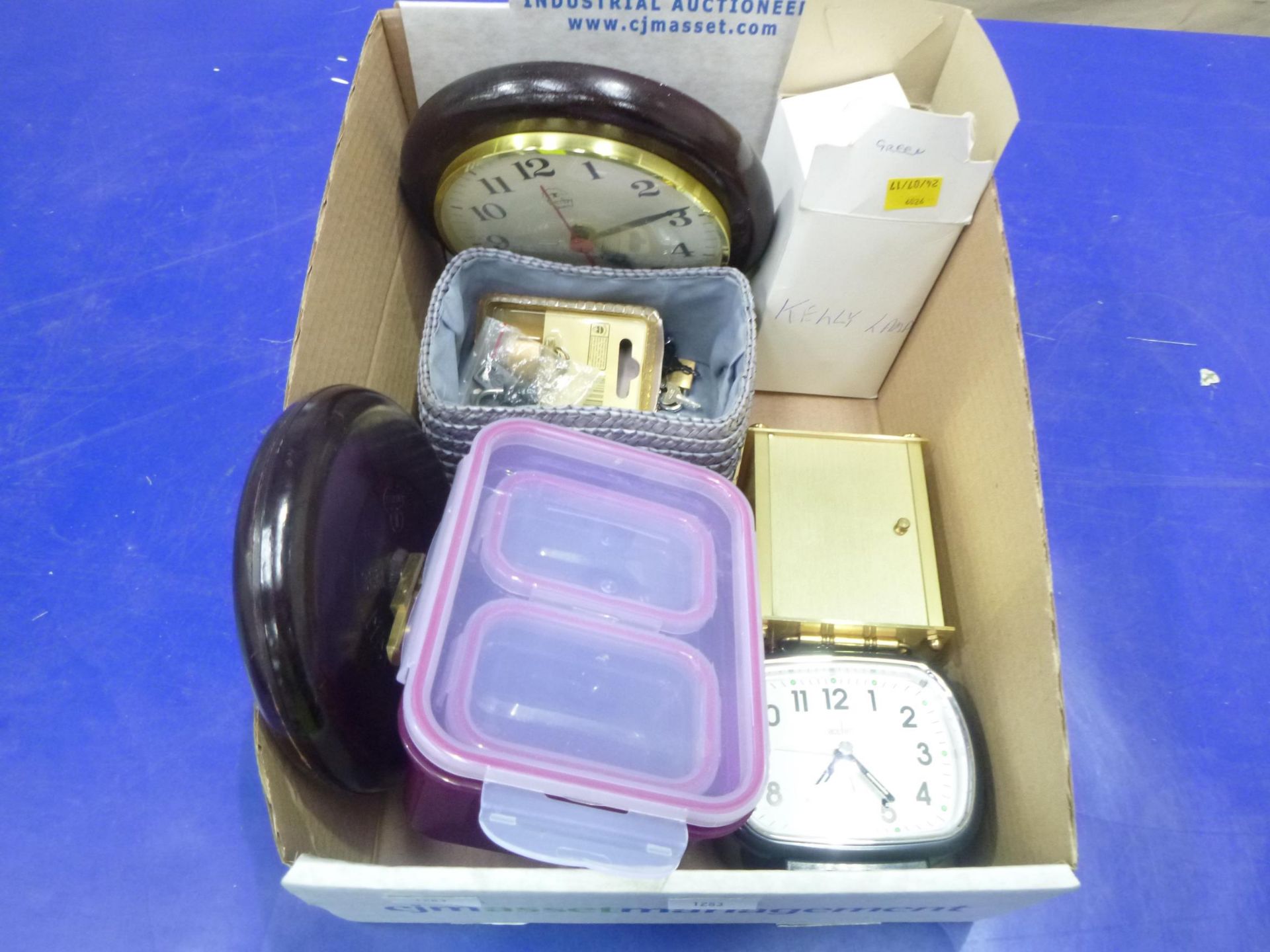 A Cased 30m/100ft Cloth Measuring Tape with brass fittings, 2 Mantle/Bedside Clocks, Wall Clock,