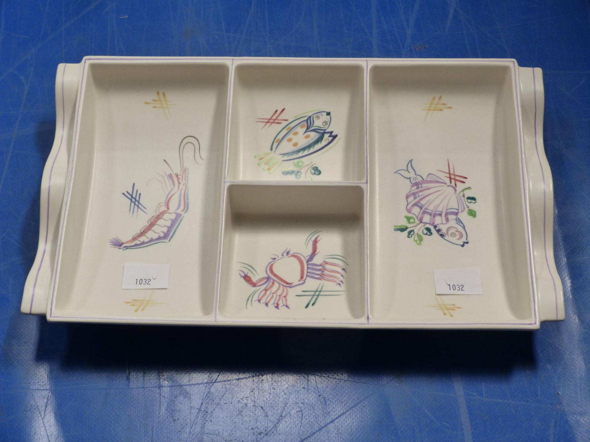 A Hand Painted Poole Tray with Sea Creature Decoration including Fish, a Crab, Shrimp, Clam etc (