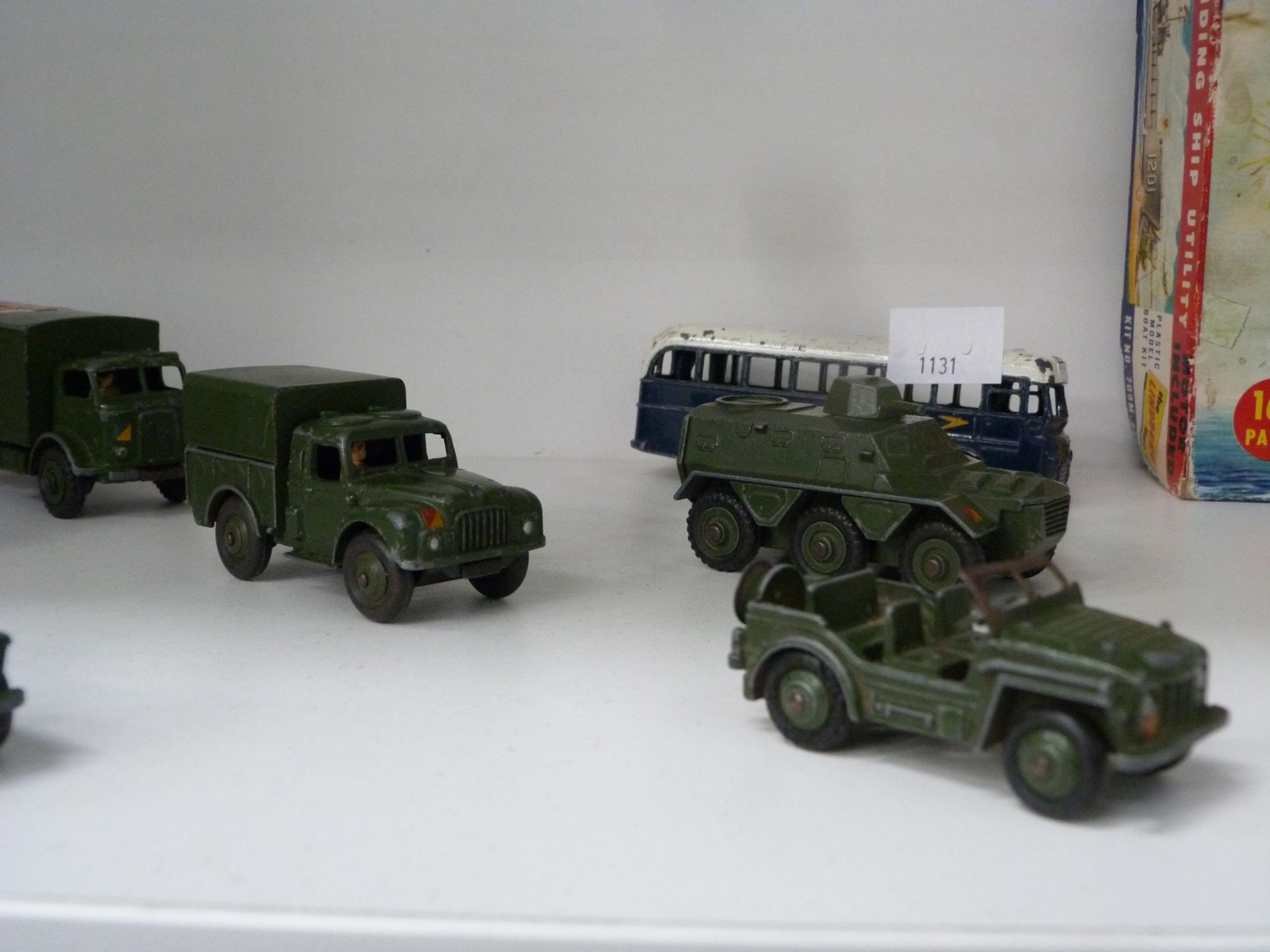 A shelf to feature a selection of Military Dinky Toys, a B.O.A.C Dinky Bus, Plastic Toy Soldiers and - Image 4 of 6