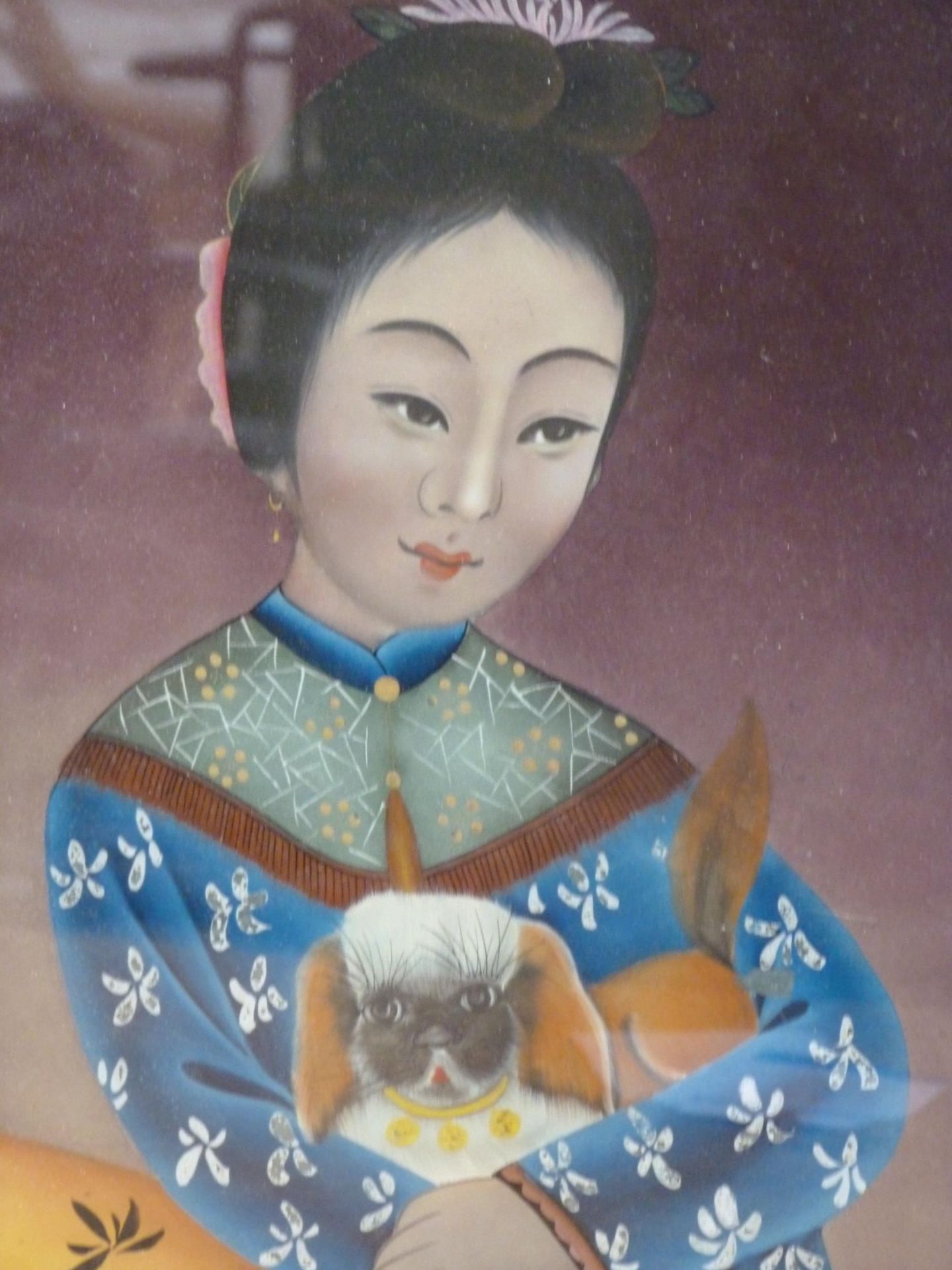 An Oriental Oil on Glass - Reverse of a lady holding a dog, framed. 48.5cm x 34cm - Bild 5 aus 5