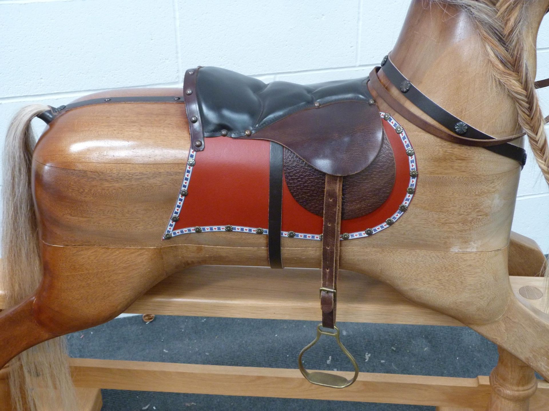 A Large Wooden Rocking horse with horse hair mane and tail with leather saddle, halter and brass - Image 3 of 5