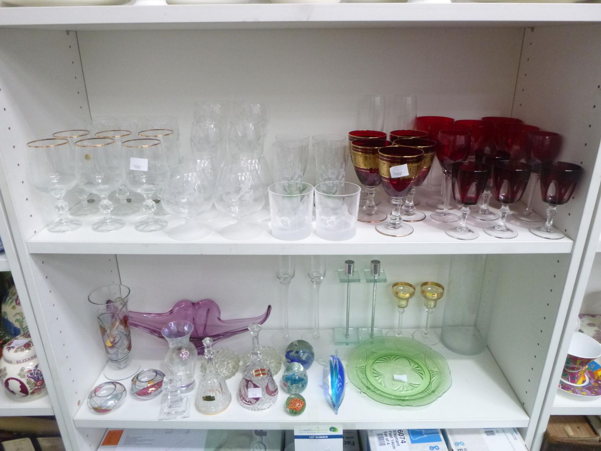 2 x Shelves of Glasswear to include Cranberry coloured glasses (5 with gold coloured enhancements)