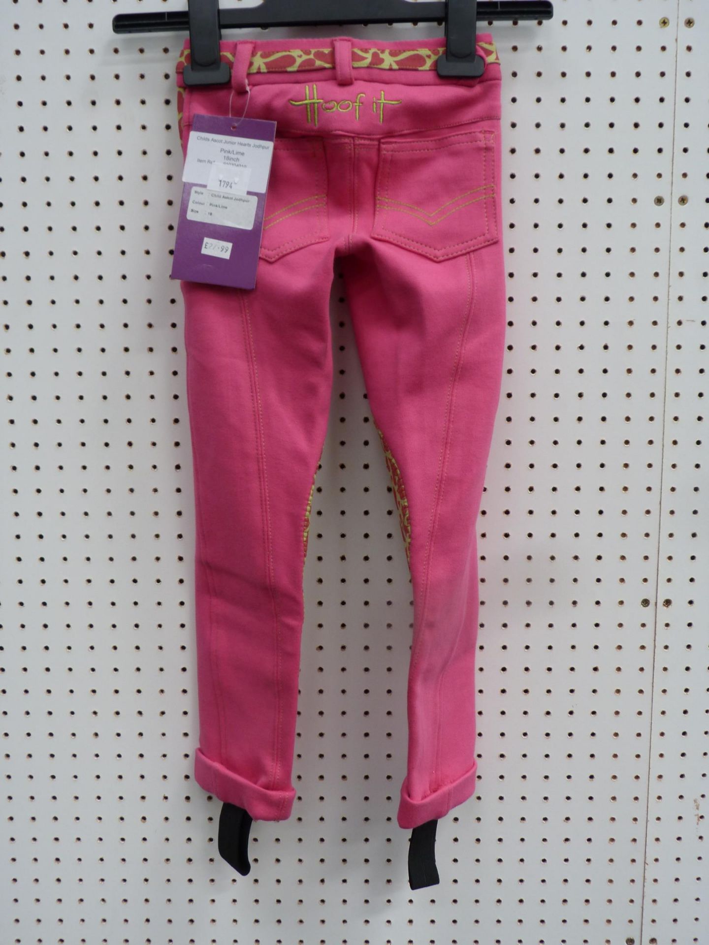 * Nine Pairs of ''Hoof It'' Garments. Two Childs Ascot Junior Hearts Jodhpurs in Pink/Lime size 18 - Image 2 of 6