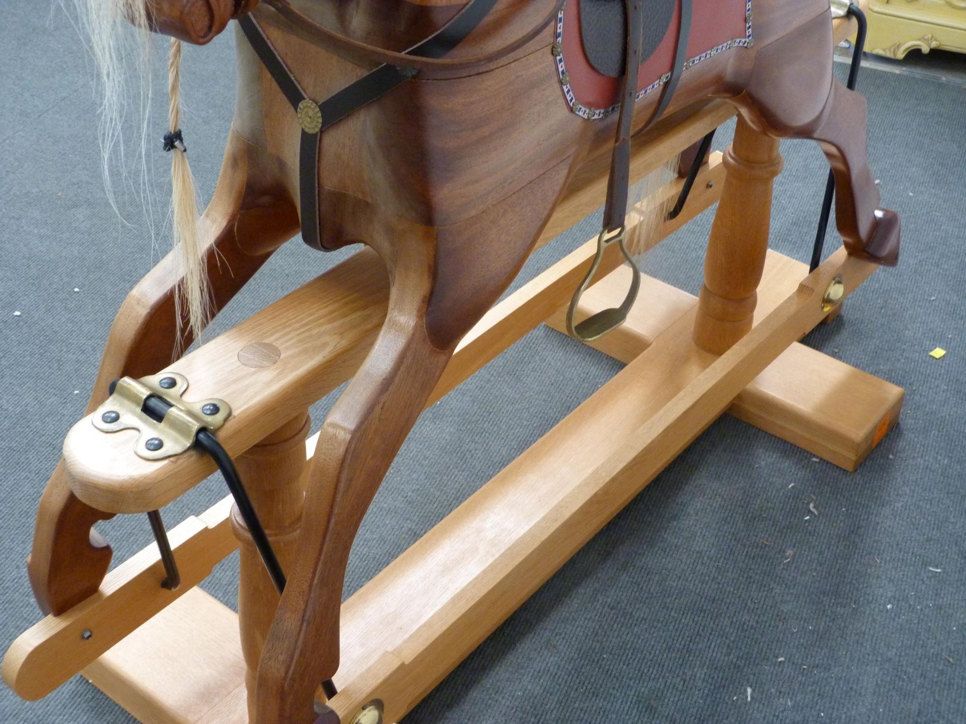 A Large Wooden Rocking horse with horse hair mane and tail with leather saddle, halter and brass - Image 4 of 5