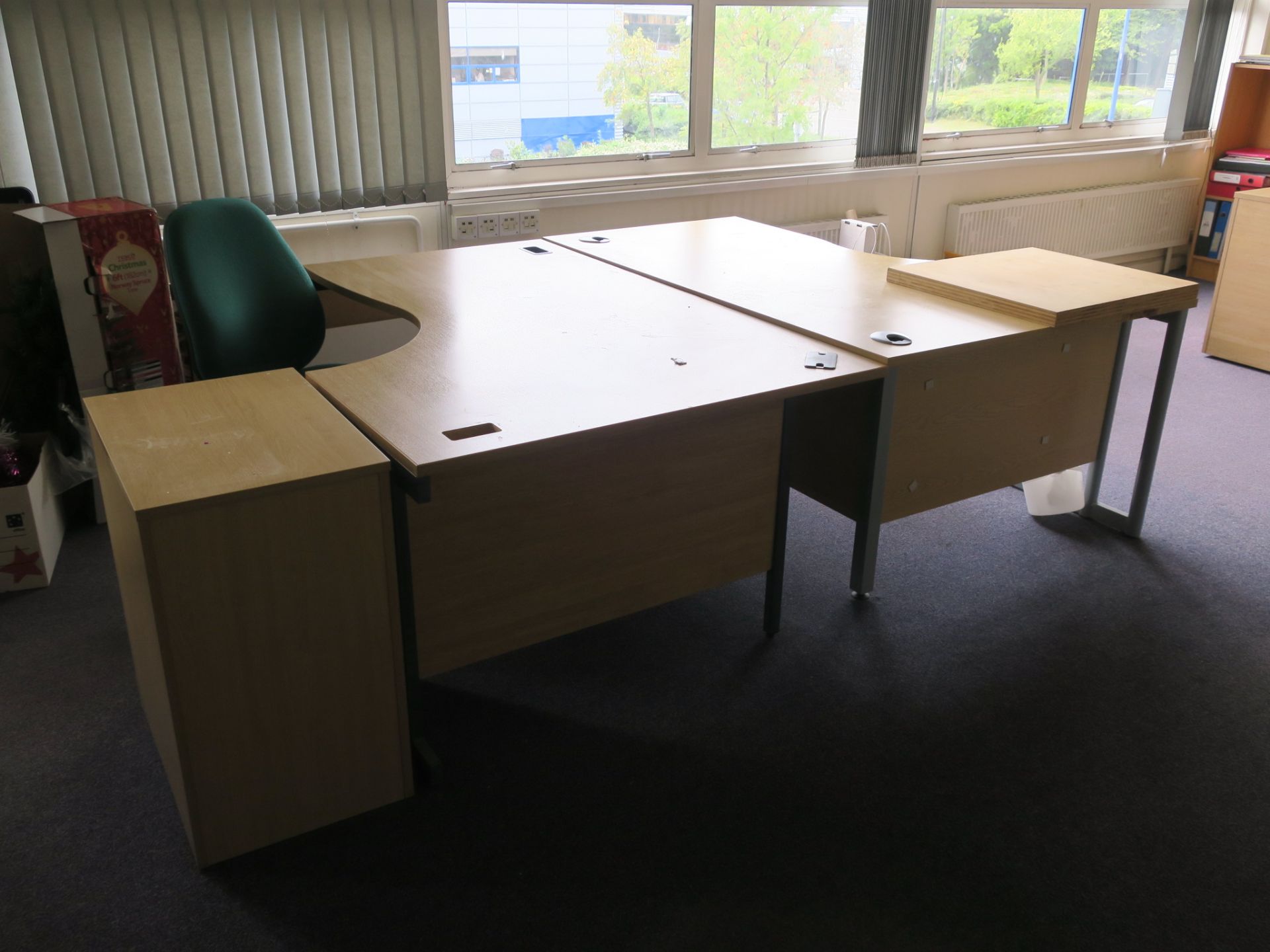 * 8 x L-Shaped Desks, 2 x Drawer Pedestal, 3 x 3 Drawer Wooden Filing Cabinet, 7 x Various Chairs, 2 - Image 2 of 4