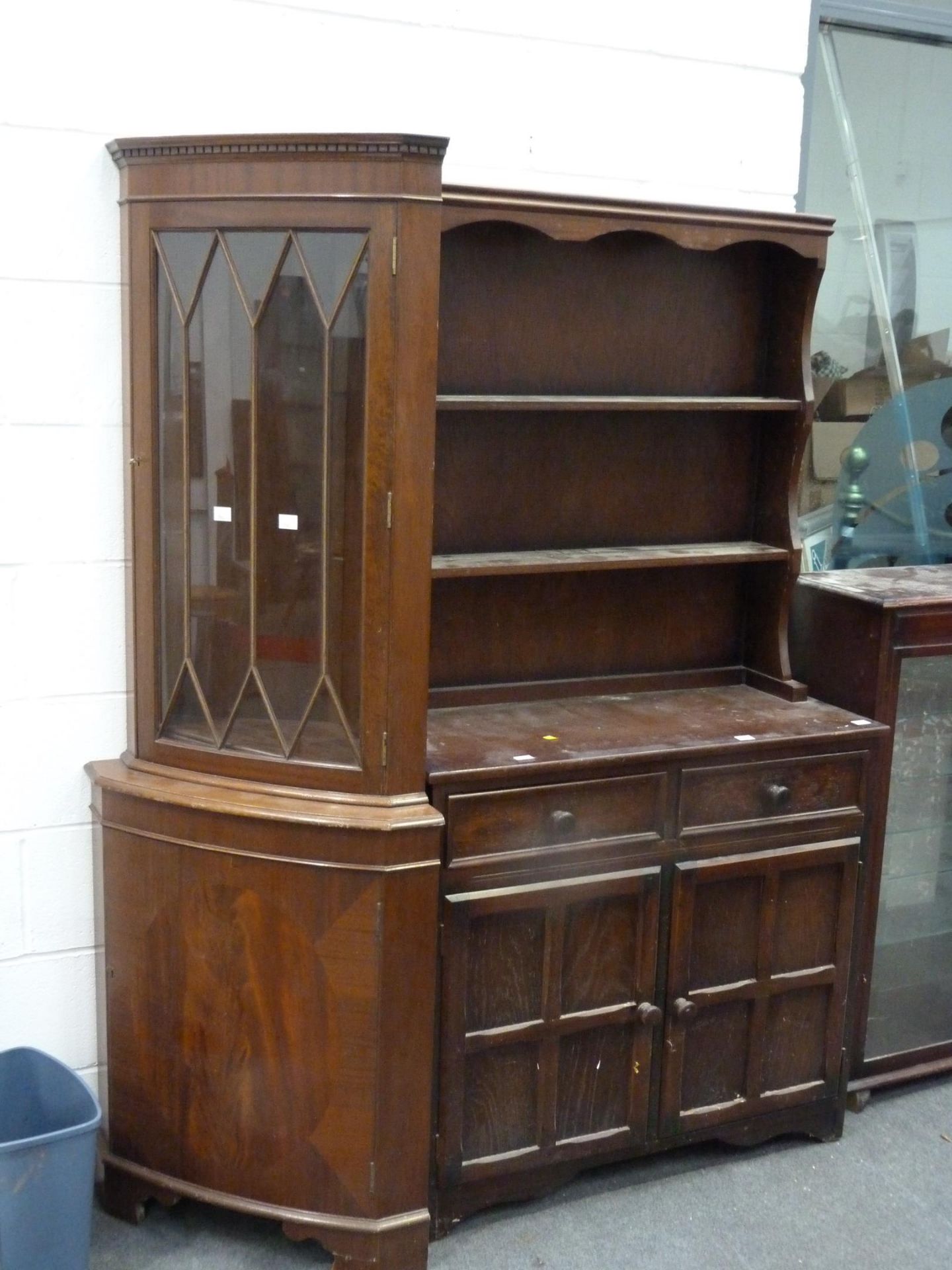 A Corner Display Cabinet (H179cm, W64cm, D41cm) together with a Dresser with two Plate display
