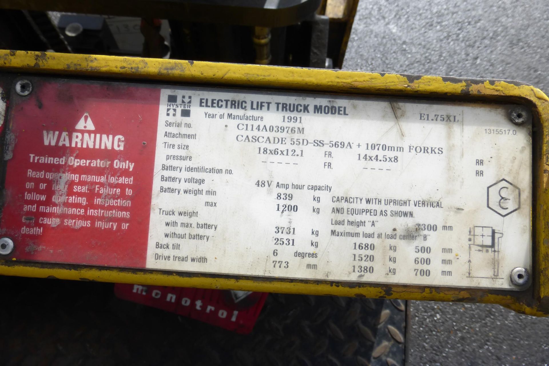 * Hyster 1200Kg electric Forklift C/W Charger 'spares or repair'. Please note there is a £20 plus - Image 3 of 5