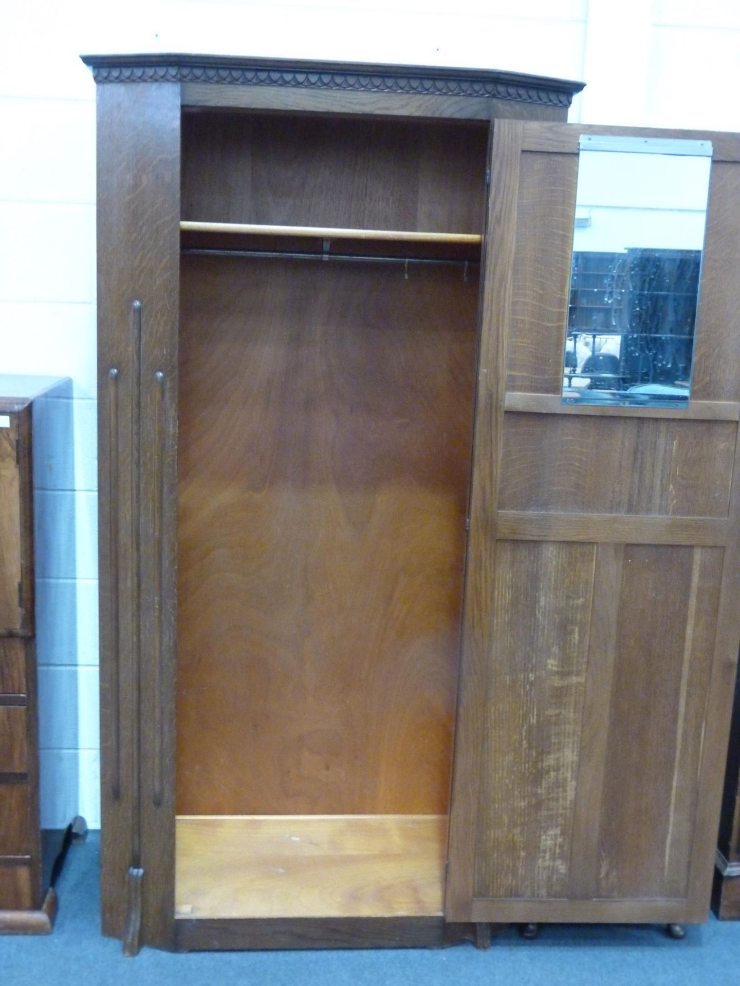 An Oak Hall Robe with Carved and Panelled single door 98cms together with a Mahogany Bedside Cabinet - Image 2 of 4