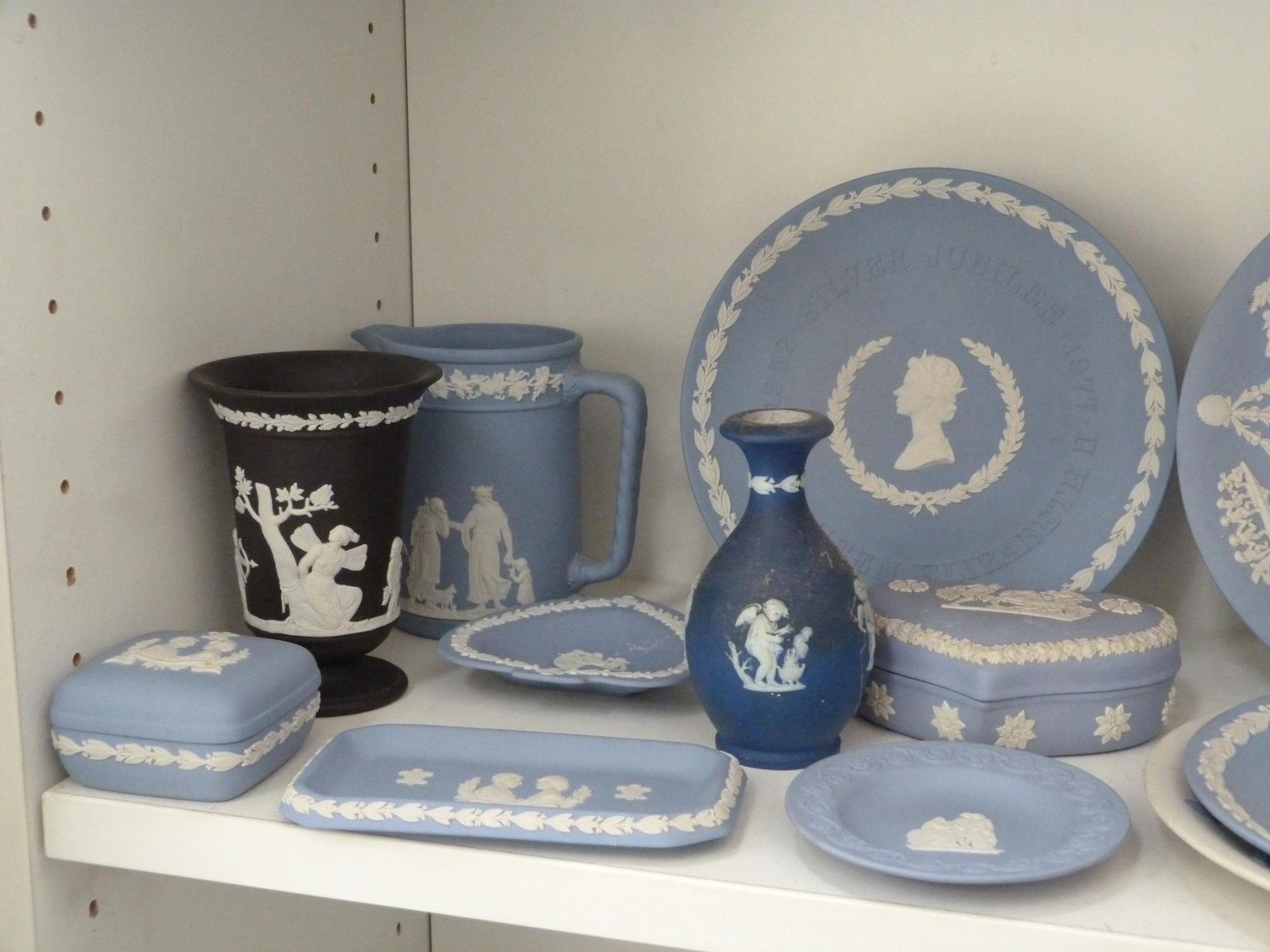 Two shelves to contain an assortment of Wedgwood, including two young girl figurines, 'Ireland' lady - Image 5 of 7