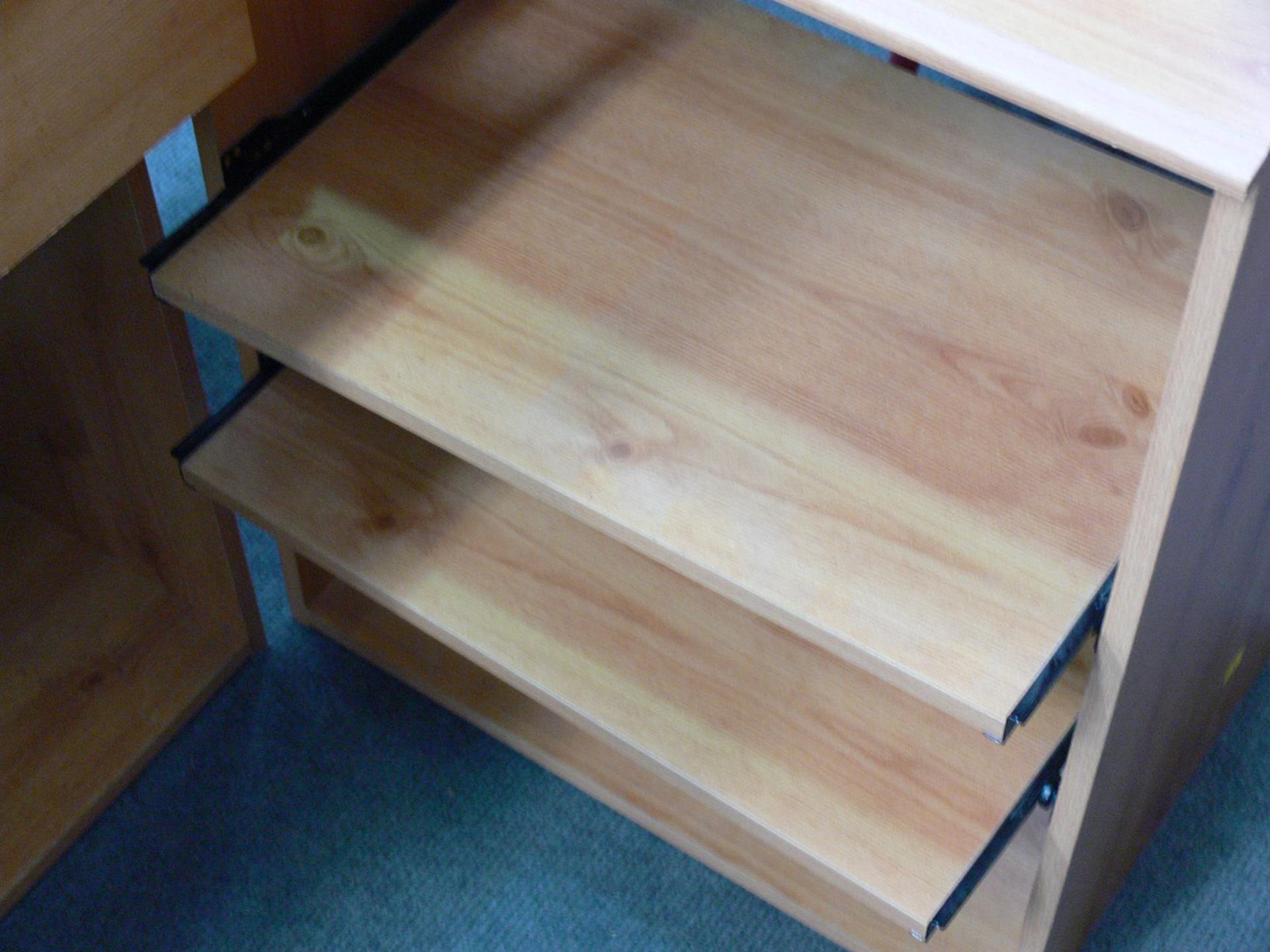 A modern laminated computer station in pine finish to include an ''L'' shaped Desk with drawer, - Image 3 of 3