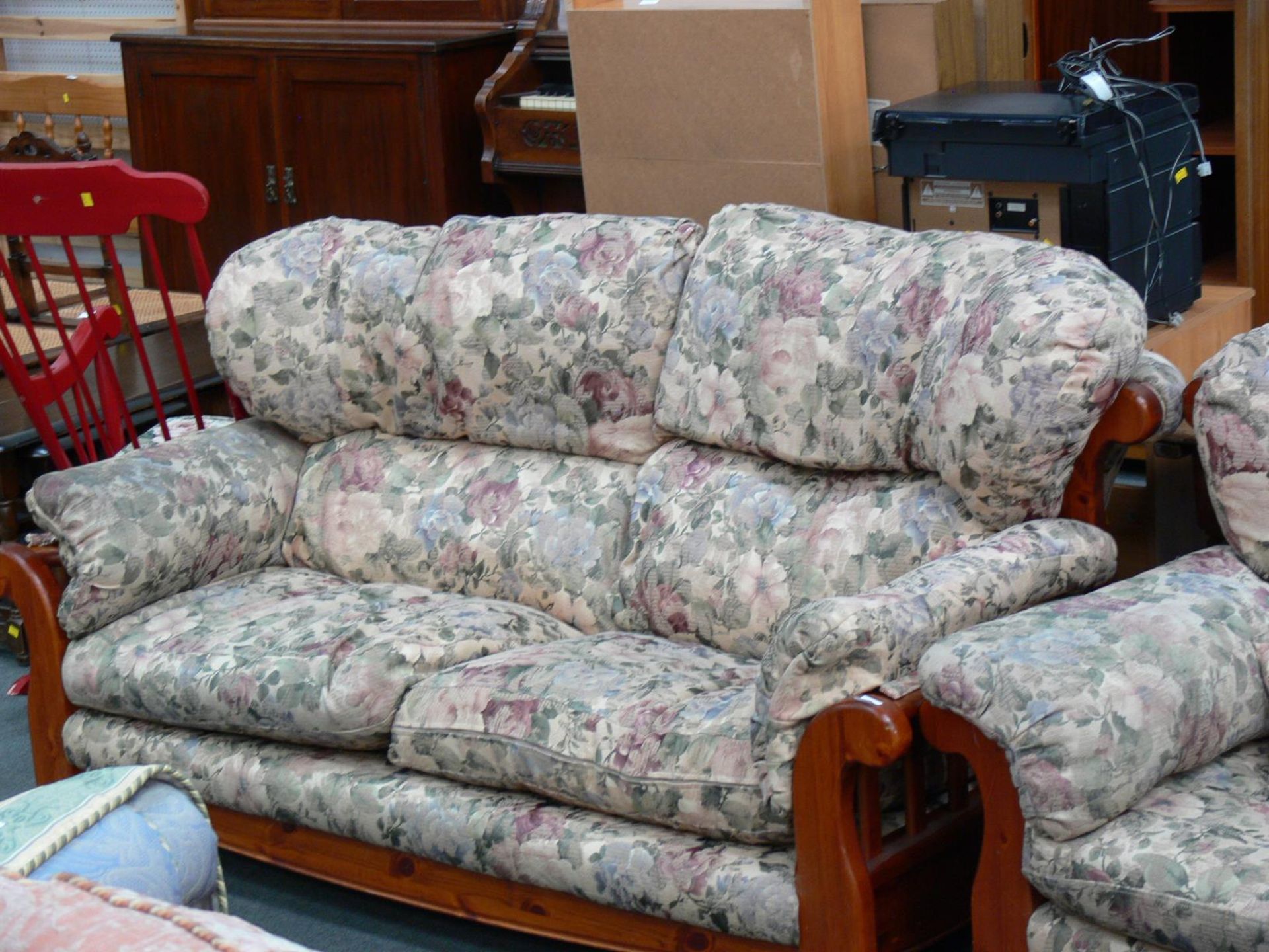 Three piece suite to include two seat settee, two single chairs, The whole with fabric covered - Image 3 of 6