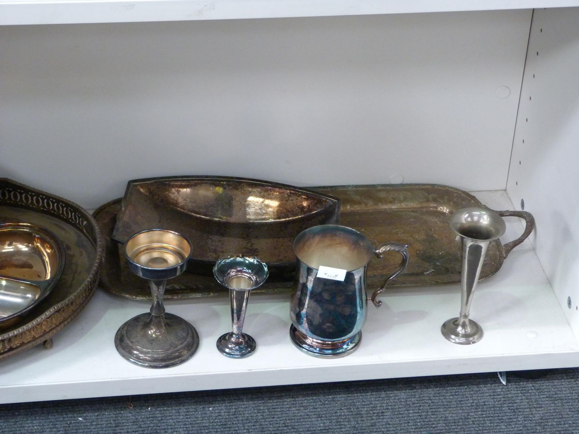 Three shelves to contain a selection of Stainless Steel, Silver Plated items to include Candlesticks - Image 7 of 8