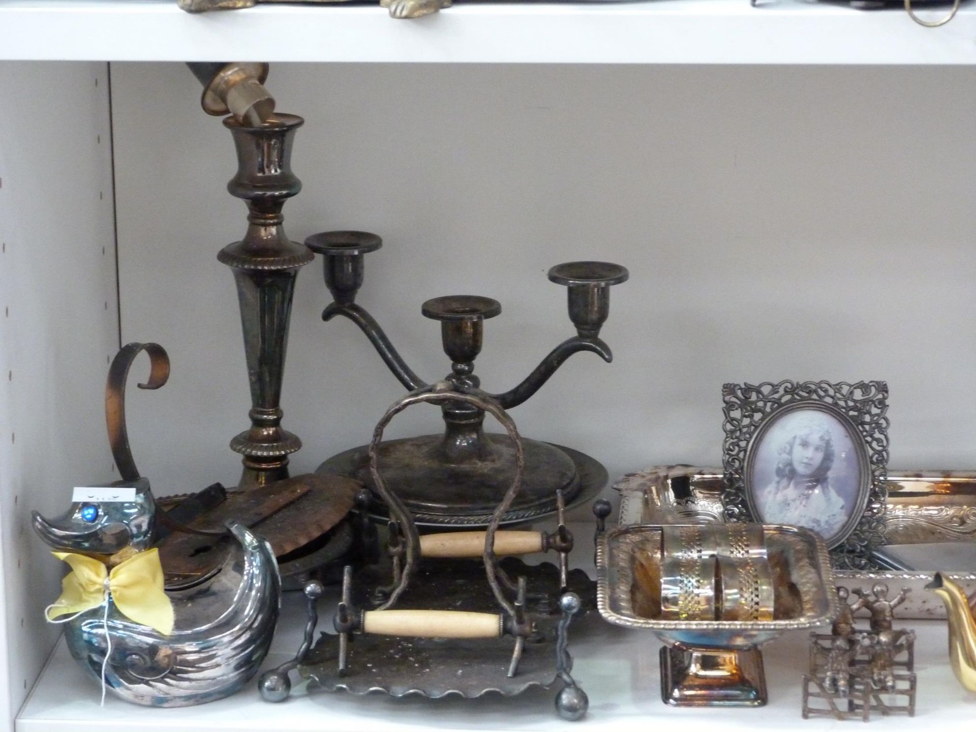 Three shelves to contain a selection of Stainless Steel, Silver Plated items to include Candlesticks - Image 2 of 8