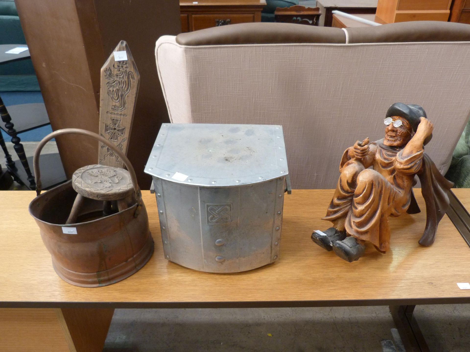 Miscellaneous Items - Copper Coal Bucket, Miniature Spinning Chairs, Steel Coal Box, and a novelty