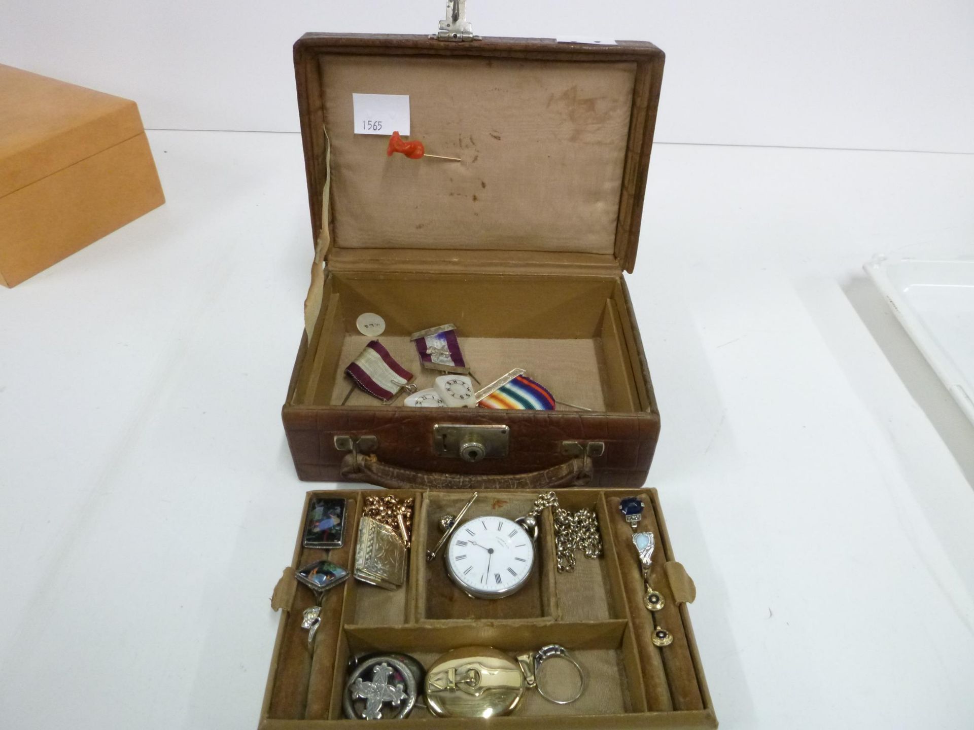 A Vintage Crocodile Jewellery Case and contents to include Antique and Vintage Gold and Silver