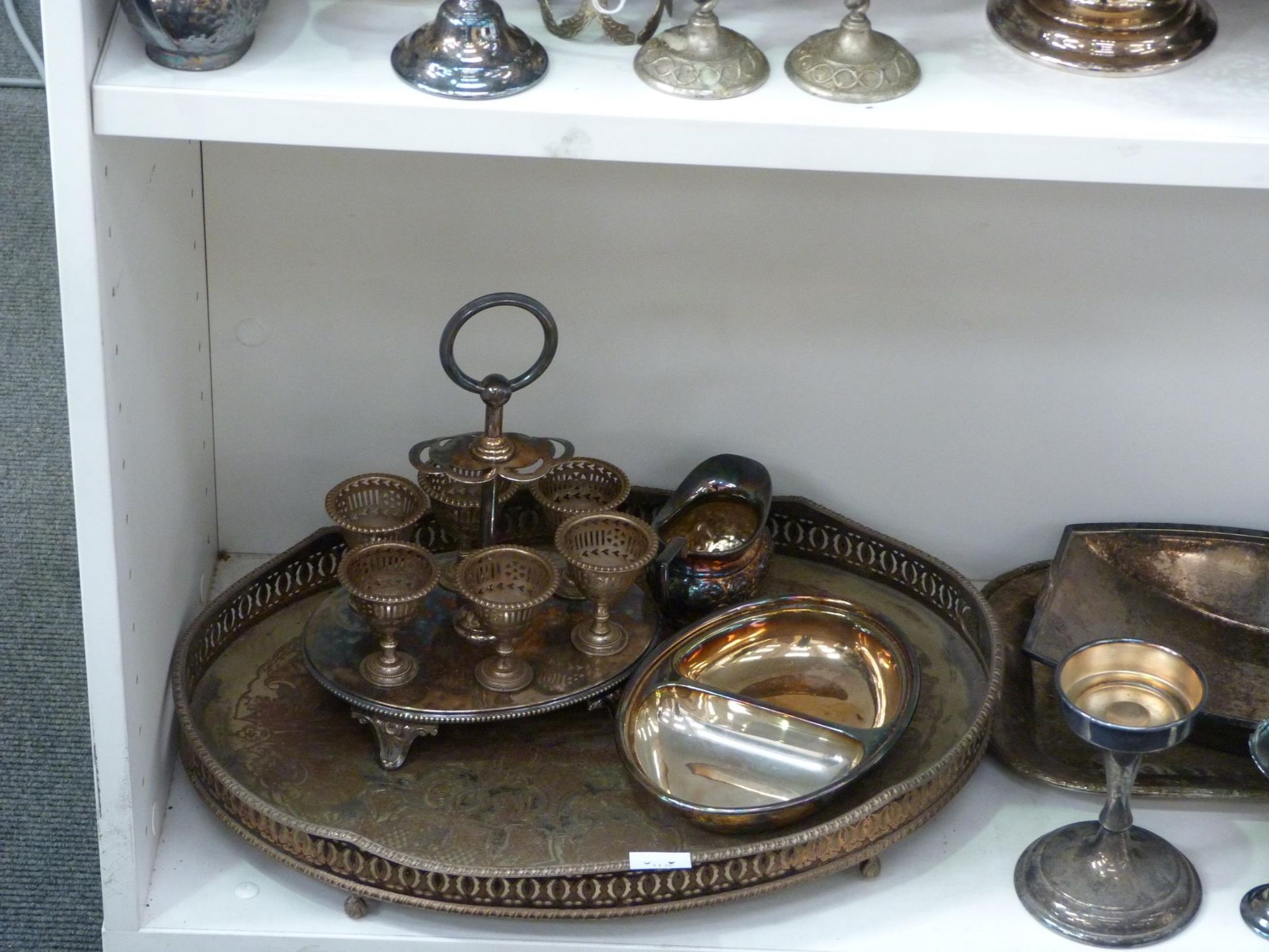 Three shelves to contain a selection of Stainless Steel, Silver Plated items to include Candlesticks - Image 6 of 8