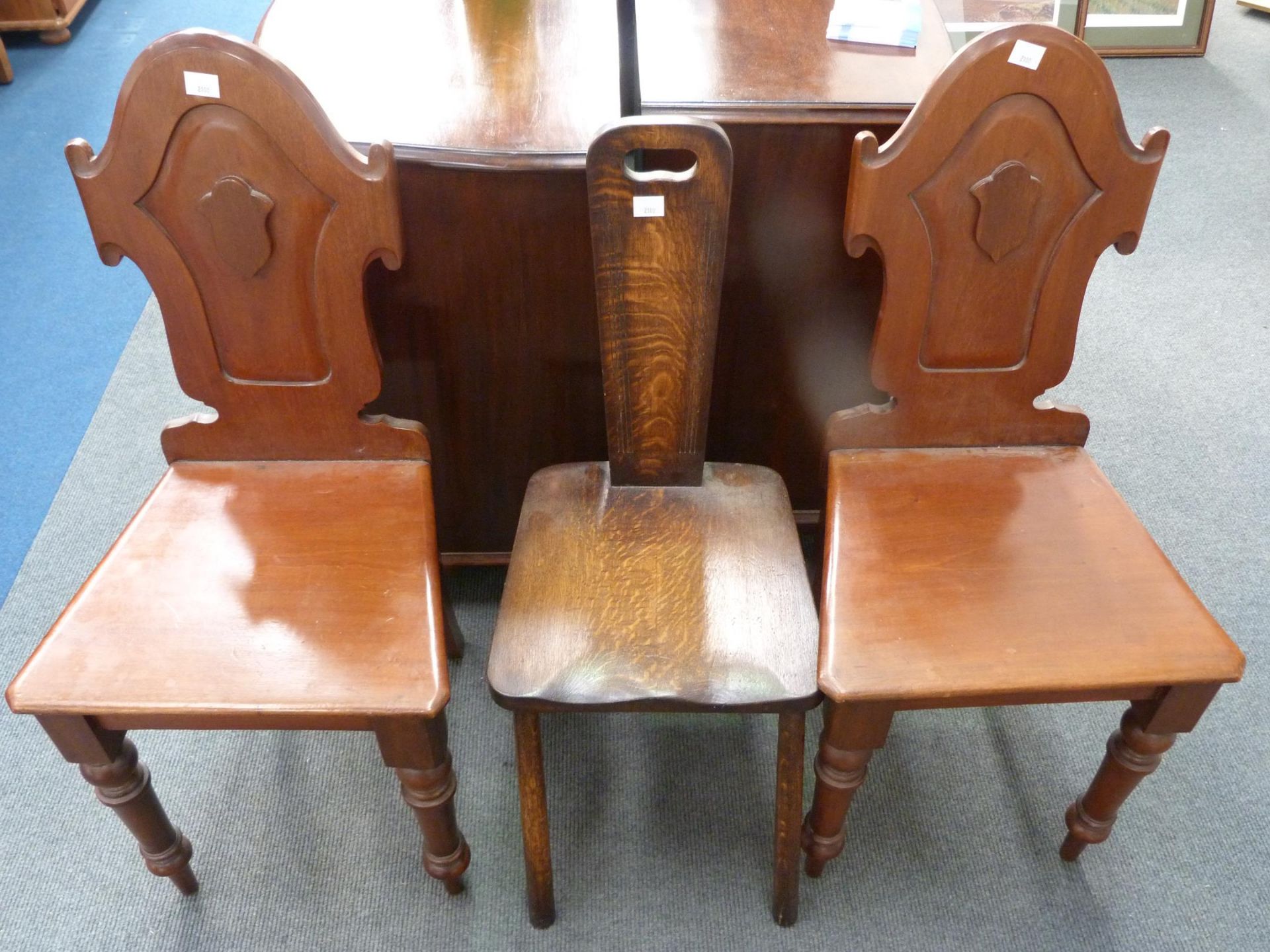 A Pair of Victorian Shield Back Hall Chairs together with an Oak Spinning Chair. (Est. £40 - £60)