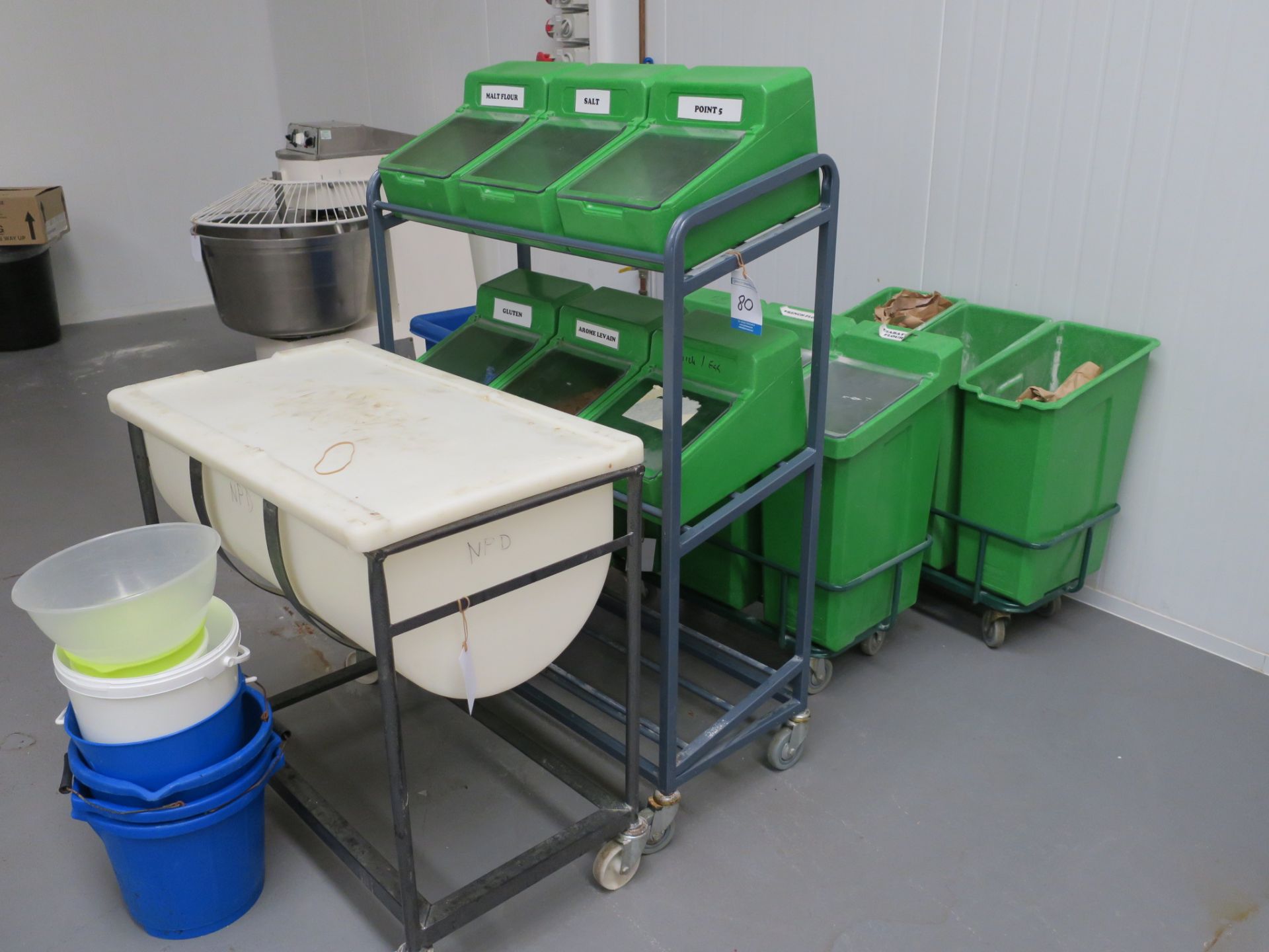 * Mobile Half Barrel Flow Bin and 3 Trollies with Flow Bins. Please note this lot is located at Unit