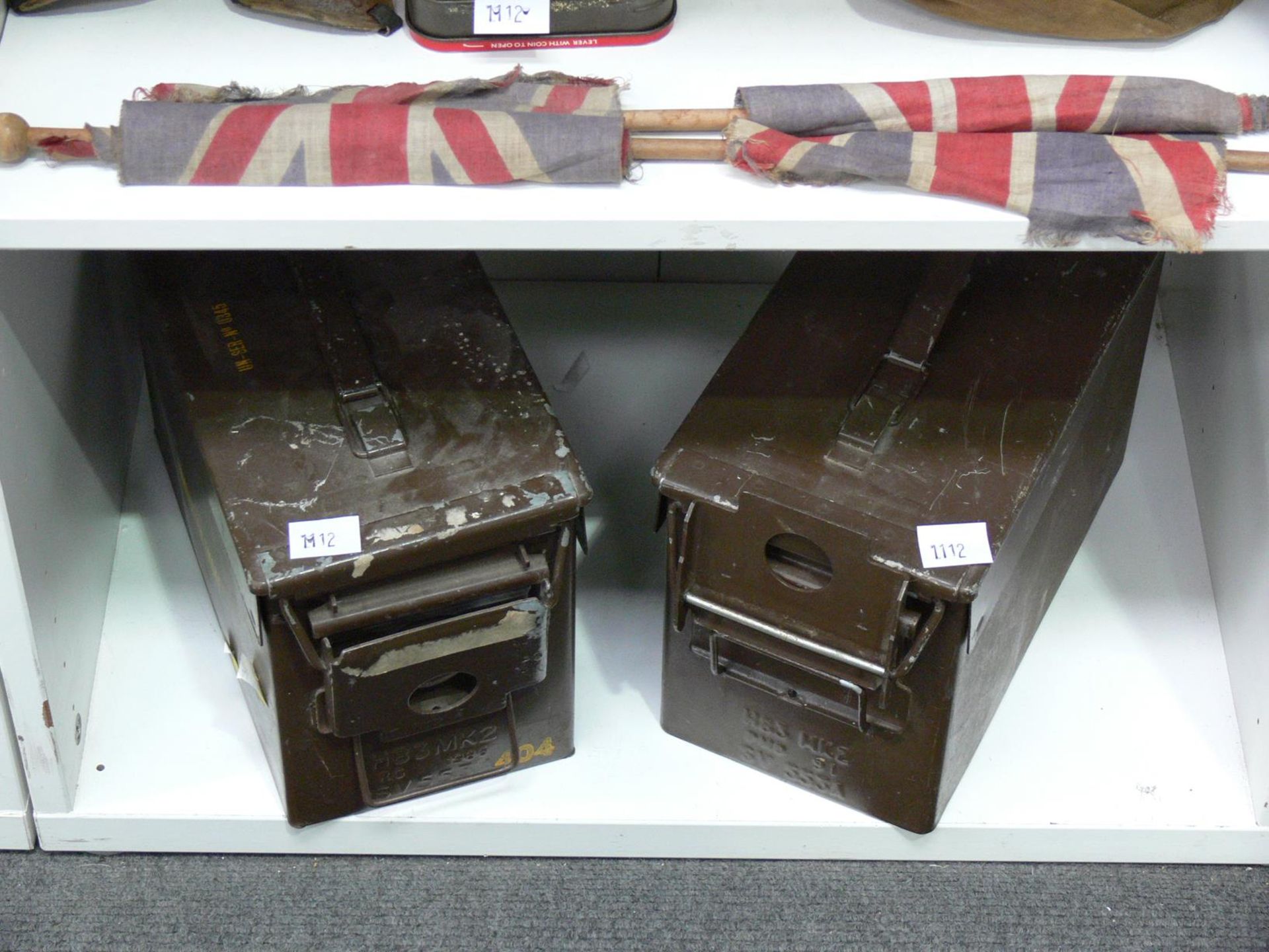 Four shelves to contain Military items to include an 'ARP' Helmet, Gas Mask, Goggles, Ammunition - Image 4 of 5