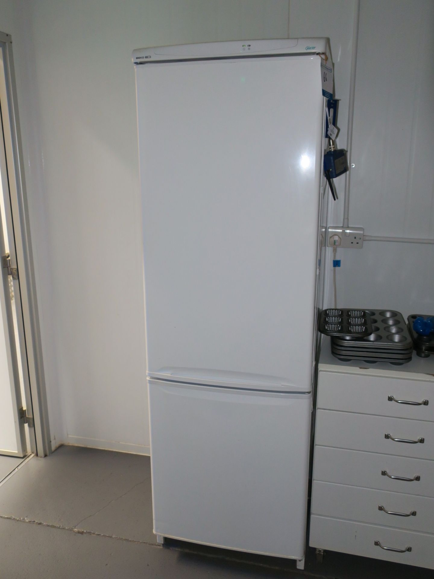 * Steel Double Door Cabinet containing Cleaning Equipment and Products and a Beko Glacier Fridge - Image 3 of 4