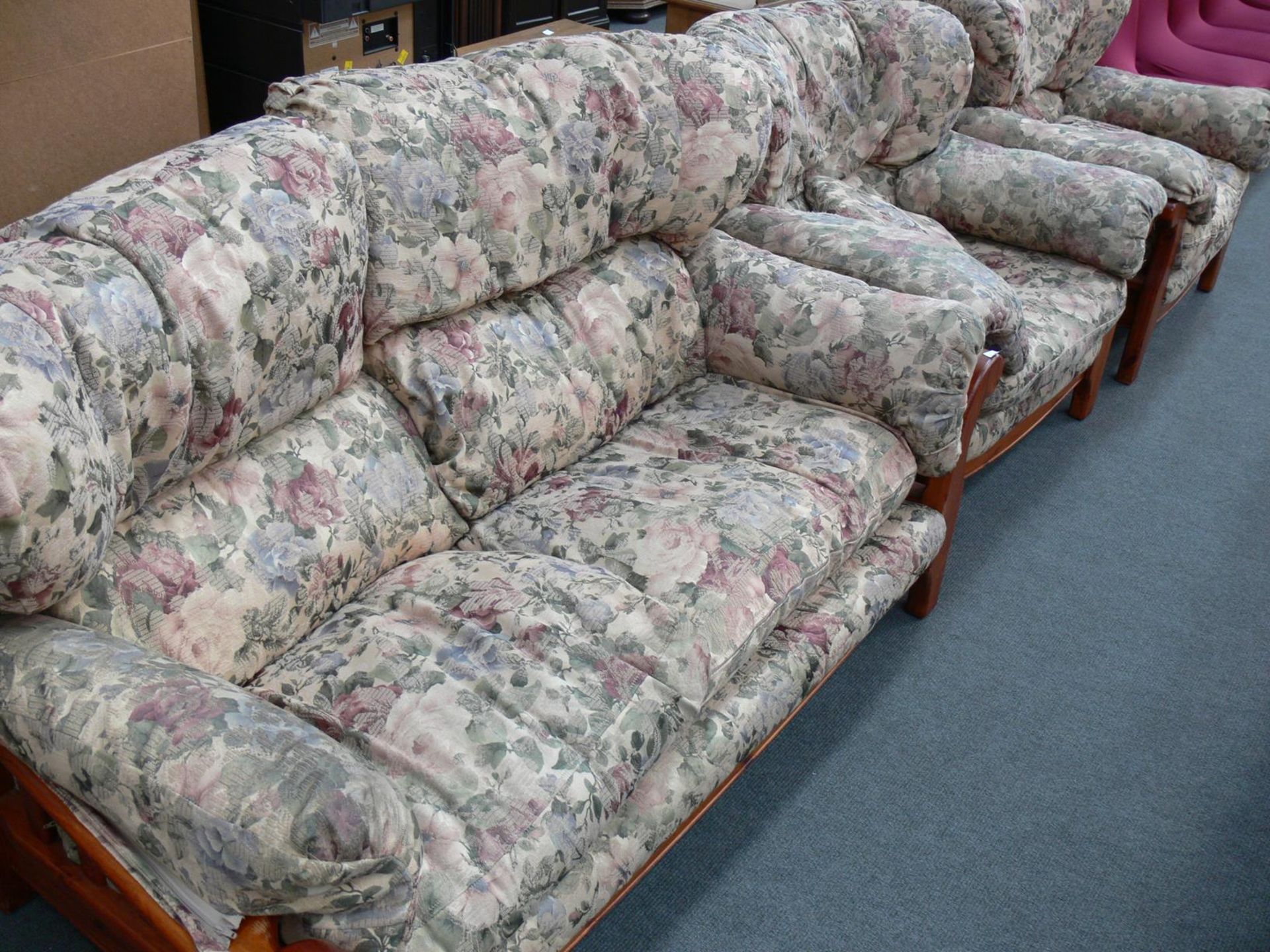 Three piece suite to include two seat settee, two single chairs, The whole with fabric covered