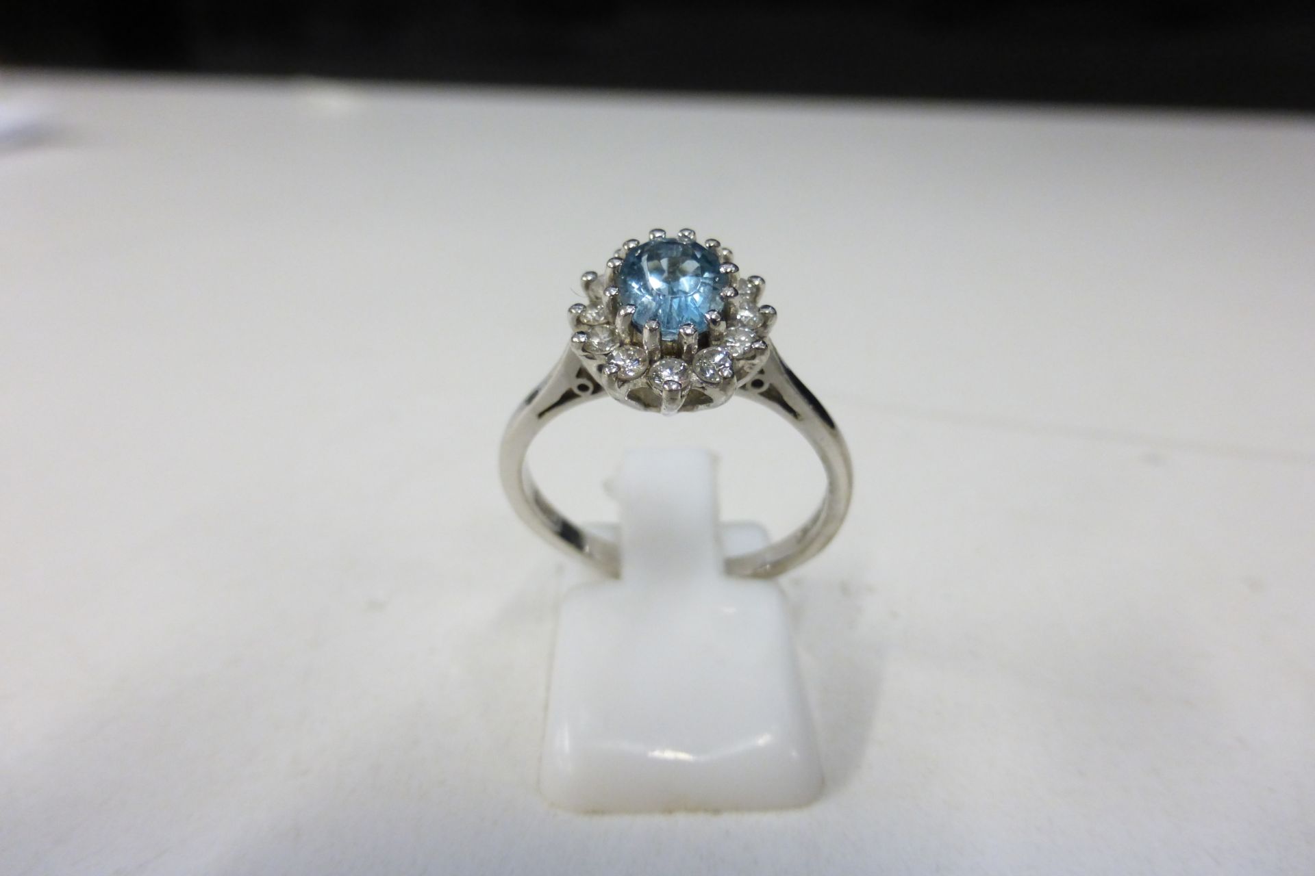 18ct White Gold Solitaire Aquamarine and Diamond Cluster Ring, size P (boxed). (Est. £850 - £1000) - Image 4 of 4