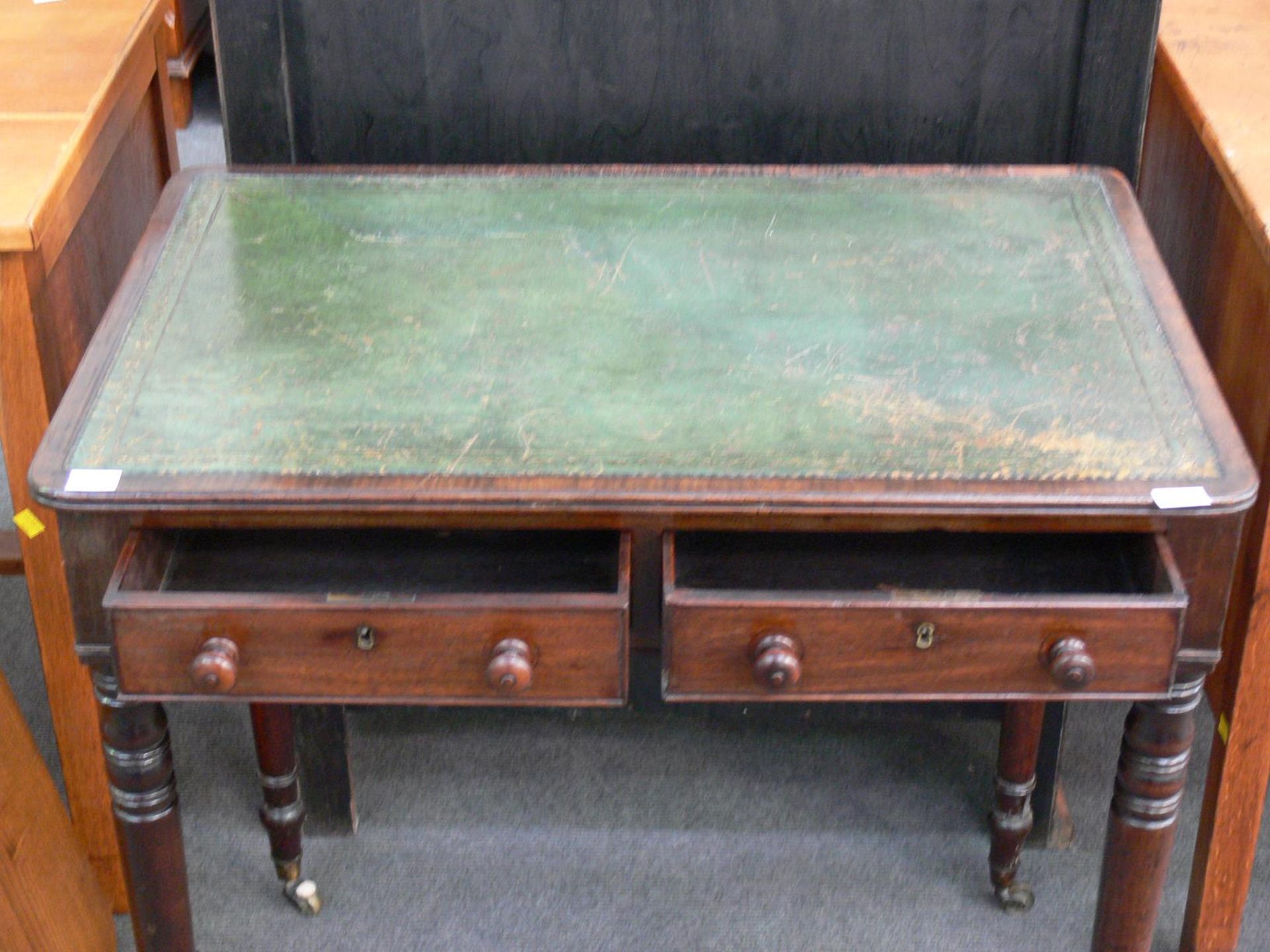 Writing Desk with green 'Leather' inlaid surface on tapering turned legs terminating in original - Image 2 of 2