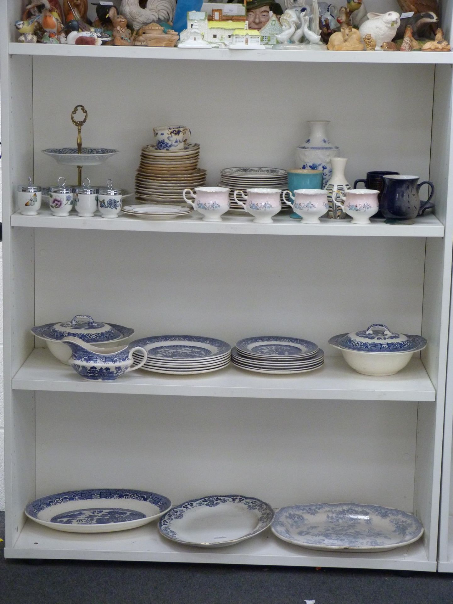 Three shelves to contain a selection of Blue & White Tableware/Ornaments to include Royal Doulton '