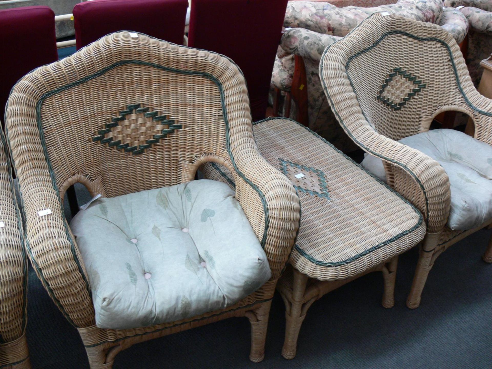 A Cane two seat Conservatory Settee, two Single Chairs, with fabric Cushions, Table, (4) (Est. £40 - - Image 3 of 3