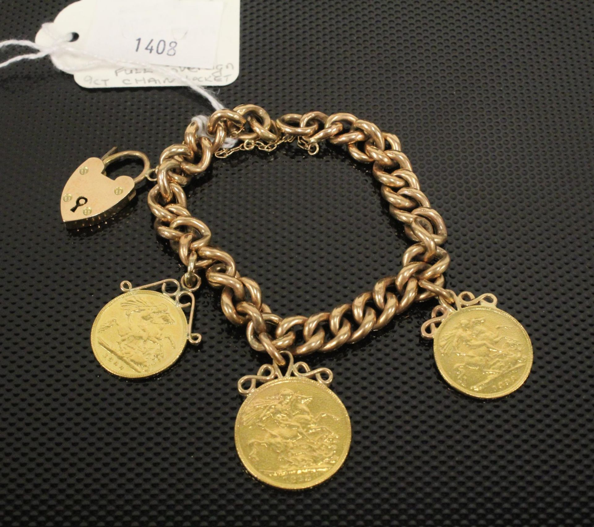 A 9ct Gold chain Bracelet set with a George V 1913 Full Sovereign and 2 Victorian half Sovereigns,