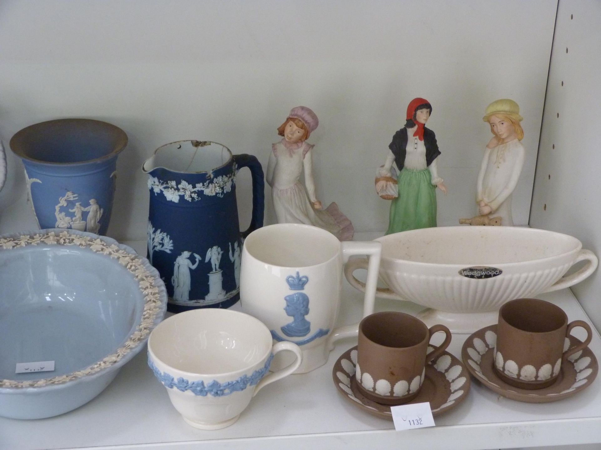 Two shelves to contain an assortment of Wedgwood, including two young girl figurines, 'Ireland' lady - Image 2 of 7