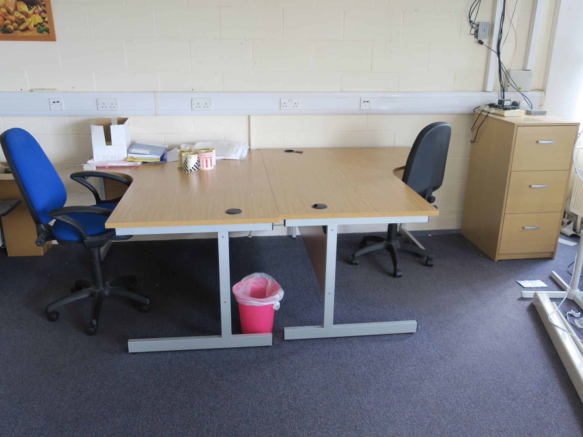 * 8 x L-Shaped Desks, 2 x Drawer Pedestal, 3 x 3 Drawer Wooden Filing Cabinet, 7 x Various Chairs, 2 - Image 3 of 4