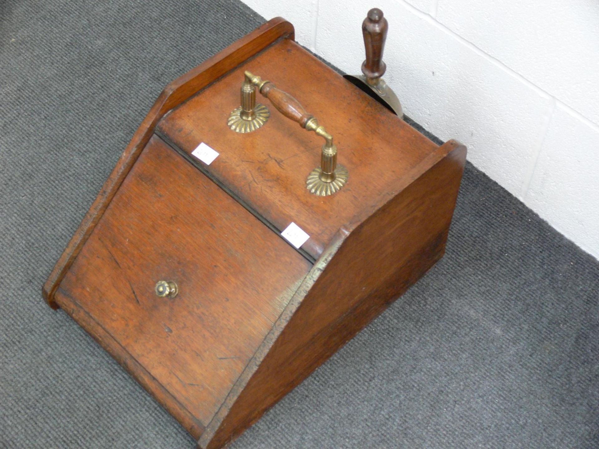 An early wooden Coal Scuttle (lined) with metal fitments and brass Shovel with turned wooden - Image 2 of 2