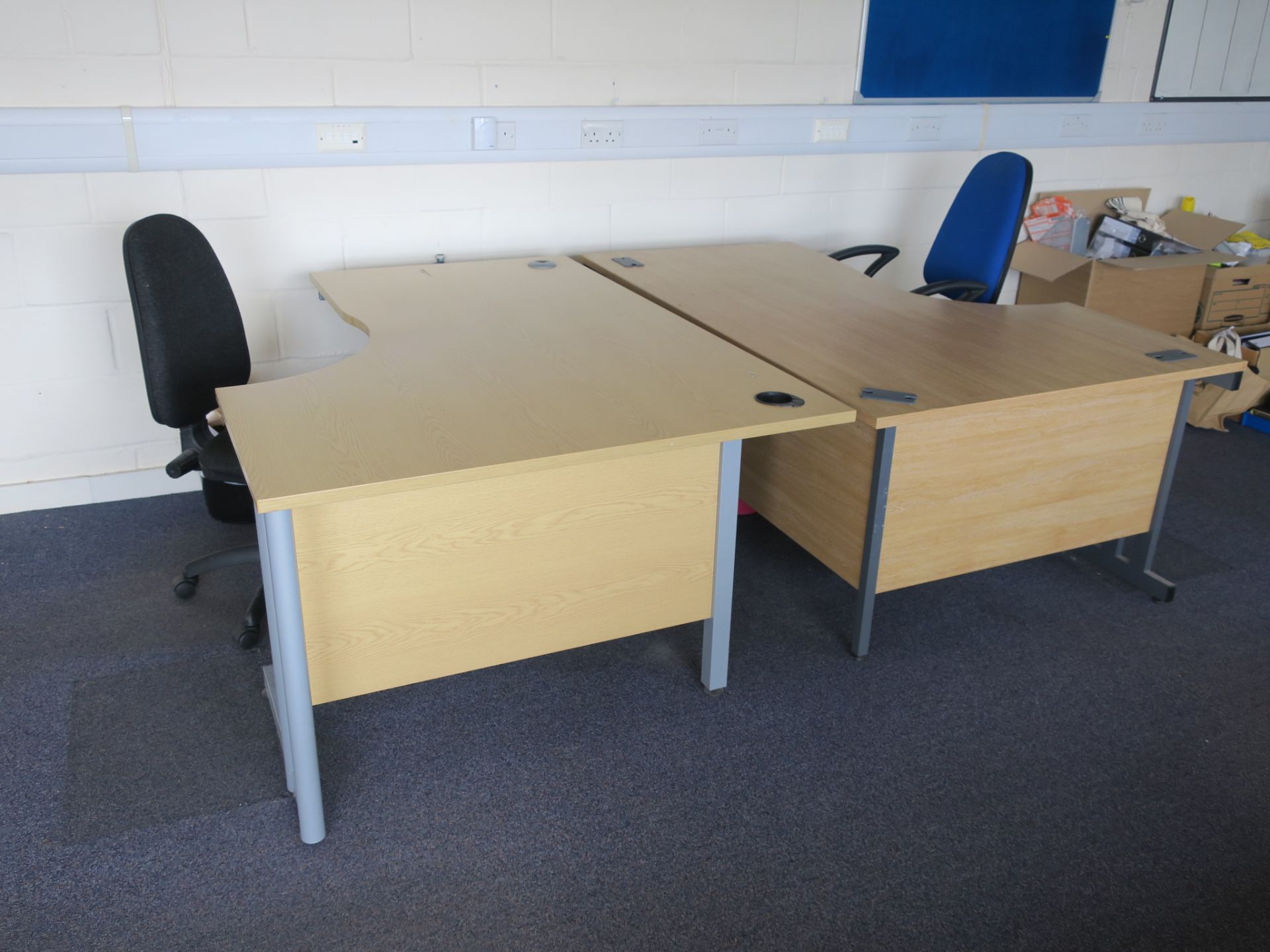 * 8 x L-Shaped Desks, 2 x Drawer Pedestal, 3 x 3 Drawer Wooden Filing Cabinet, 7 x Various Chairs, 2