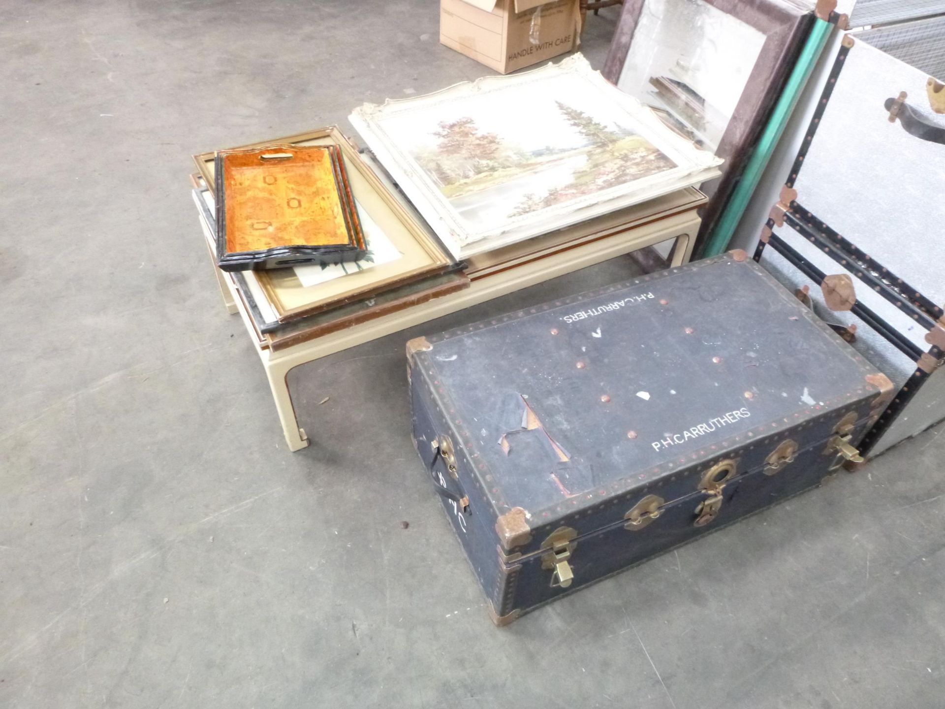 A Cream Coffee Table, various Paintings and a Trunk. - Image 2 of 3