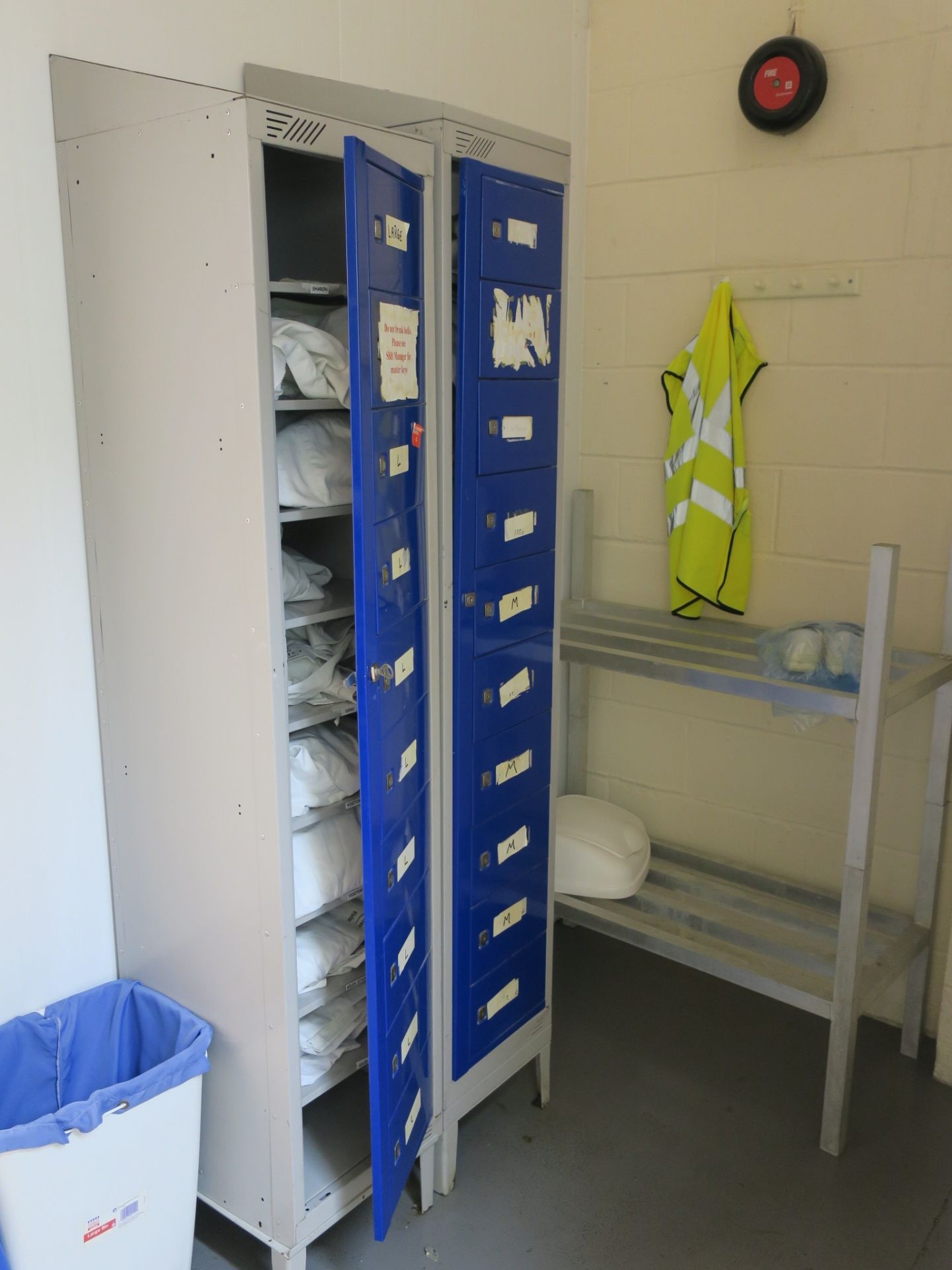 * PPE Storage including 2 x Banks of Lockers, Aluminium Rack, Stainless Steel Hair Net Dispenser,